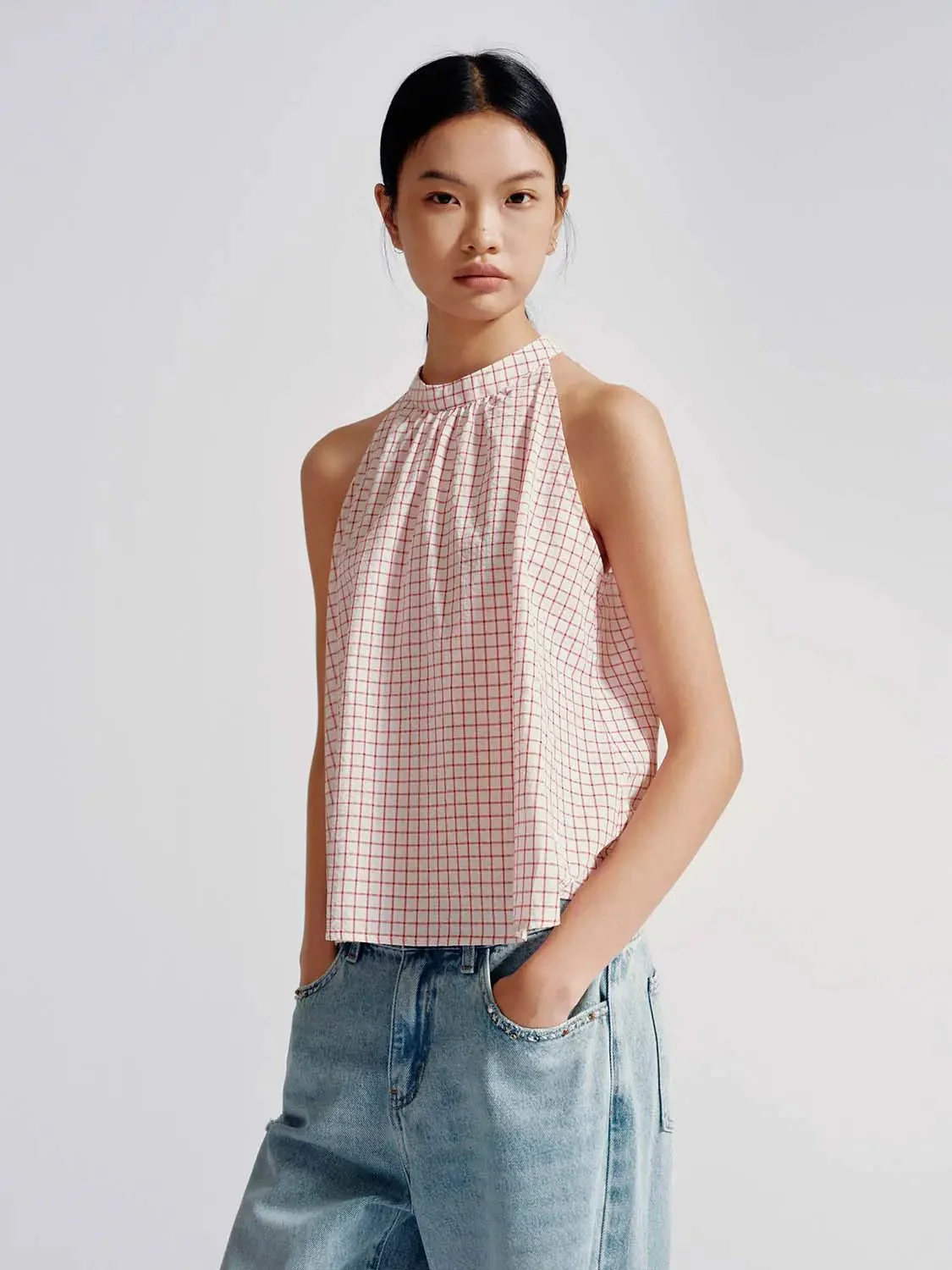 Contrast Check Sleeveless Overhead Shirts