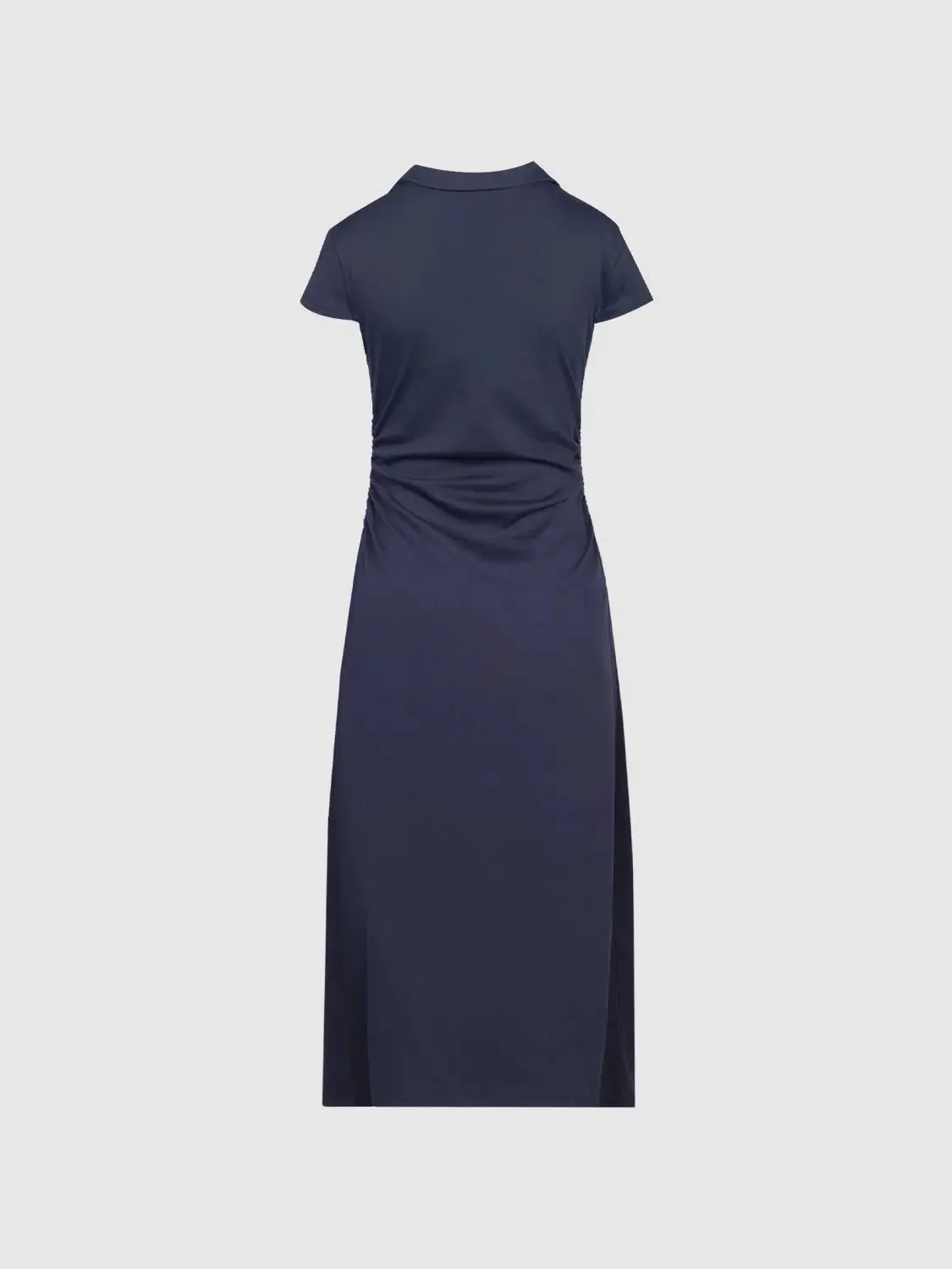 Navy Cotton Polyester Blend Ruched A-Line Maxi Dresses