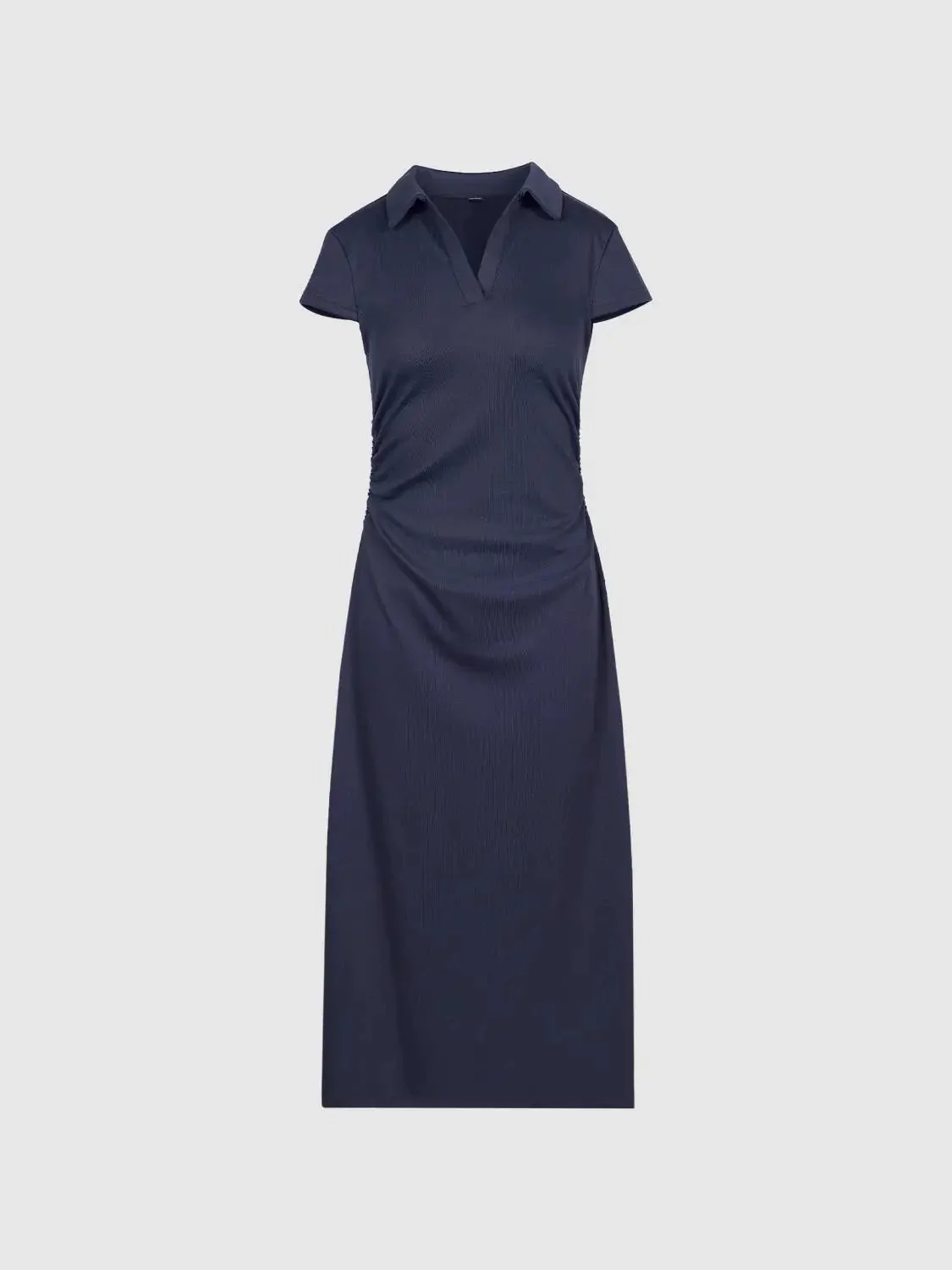 Navy Cotton Polyester Blend Ruched A-Line Maxi Dresses
