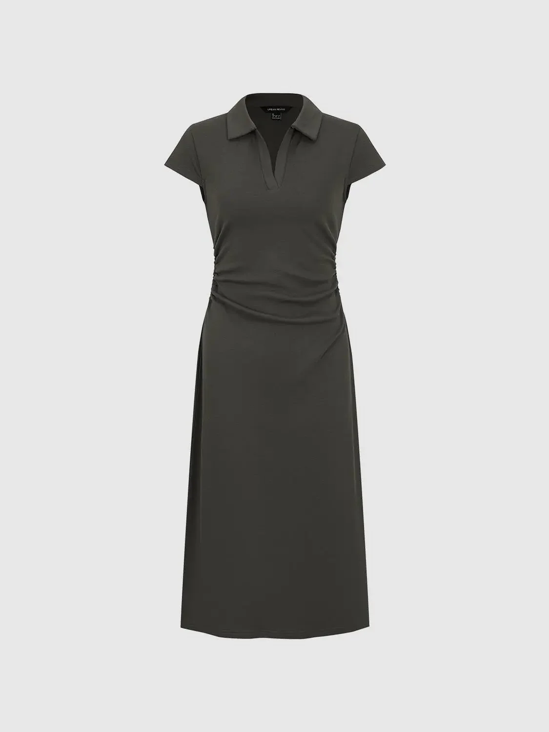 Navy Cotton Polyester Blend Ruched A-Line Maxi Dresses