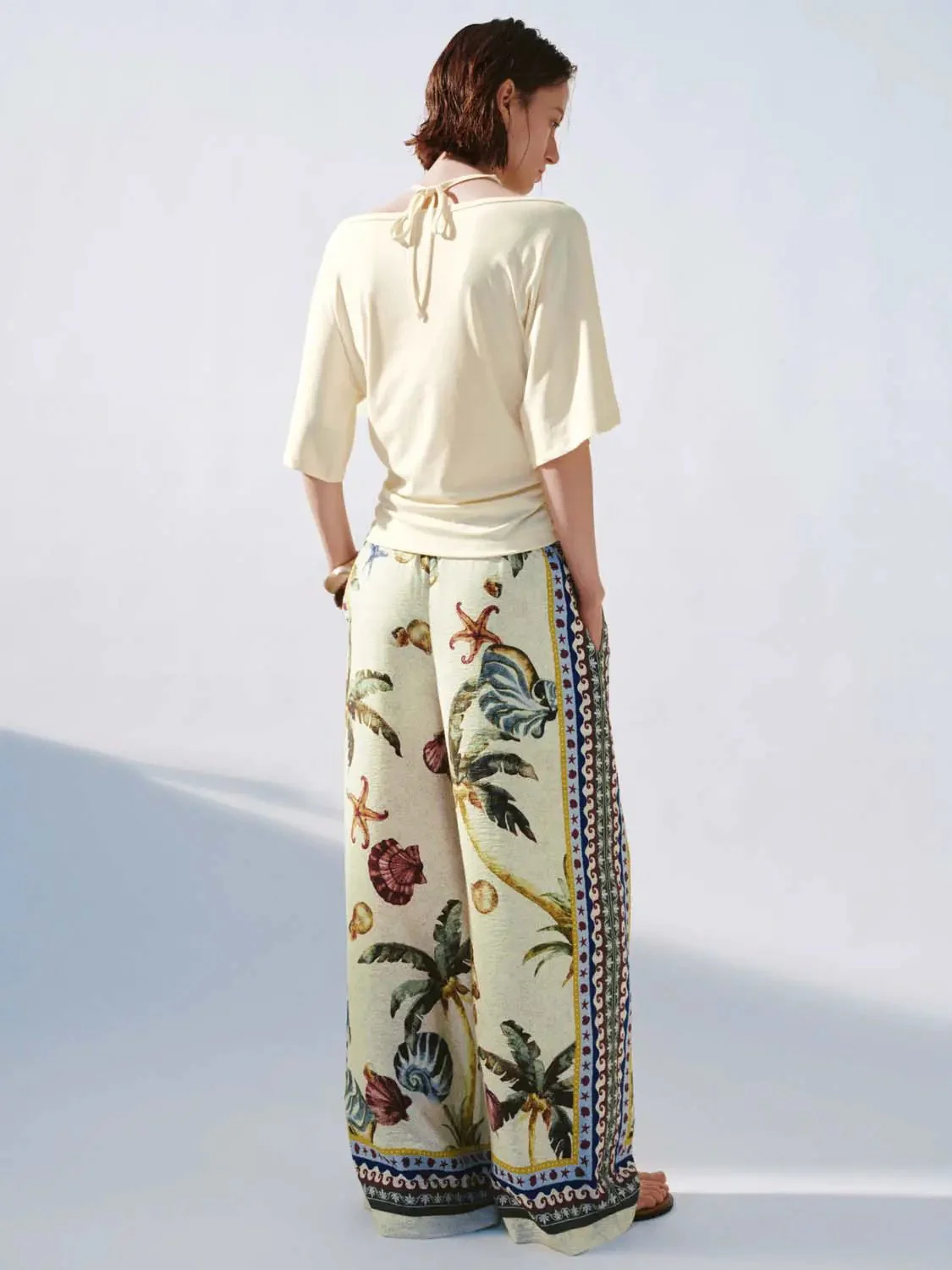 Drawstring Printed Wide Leg Pants