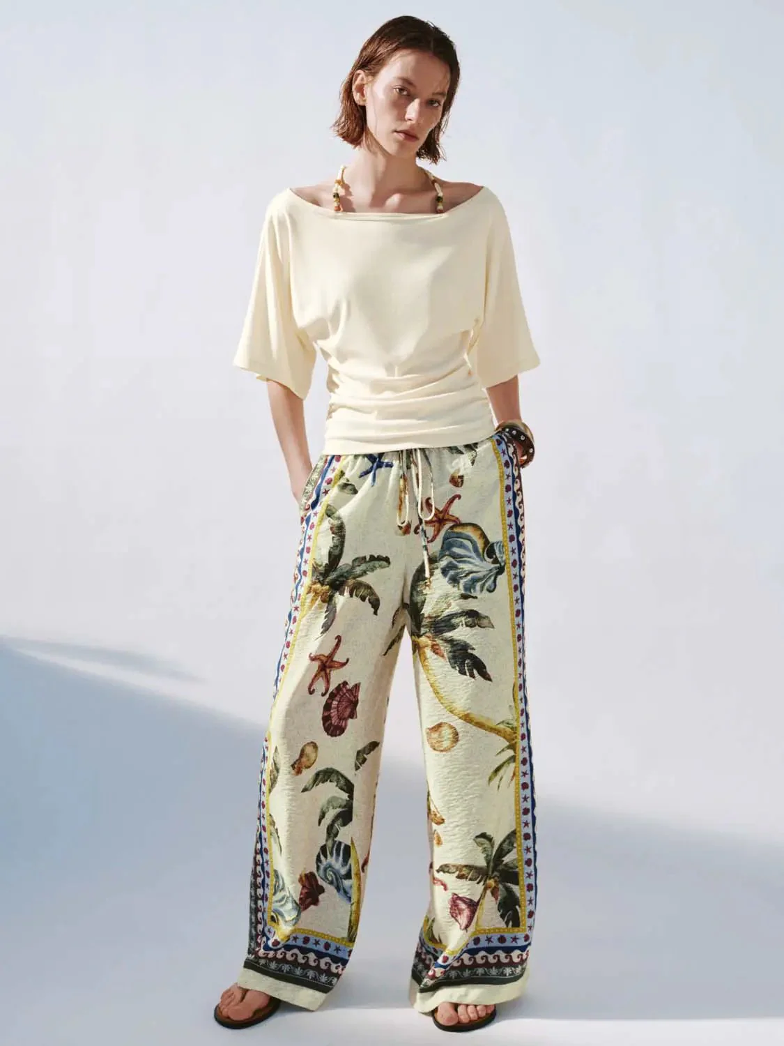 Drawstring Printed Wide Leg Pants