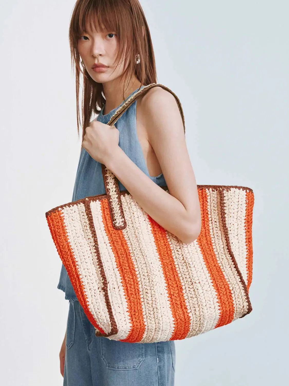 Contrast Trim Striped Oversize Crochet Shoulder Bags