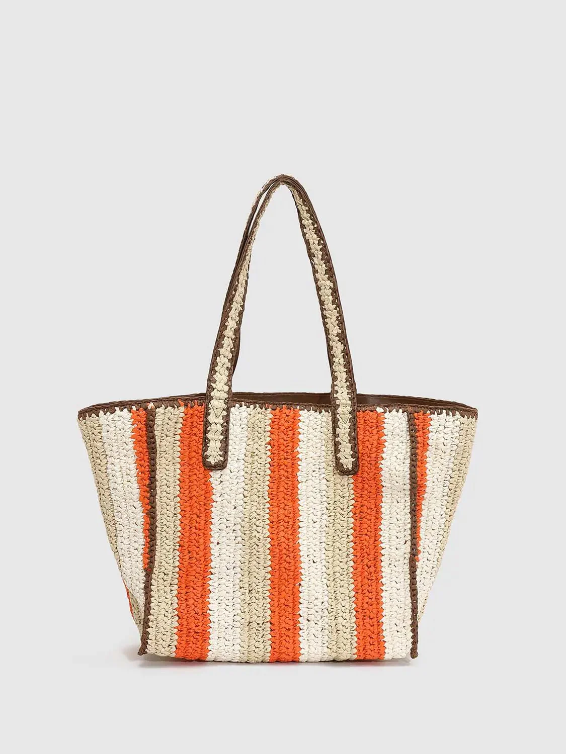 Contrast Trim Striped Oversize Crochet Shoulder Bags