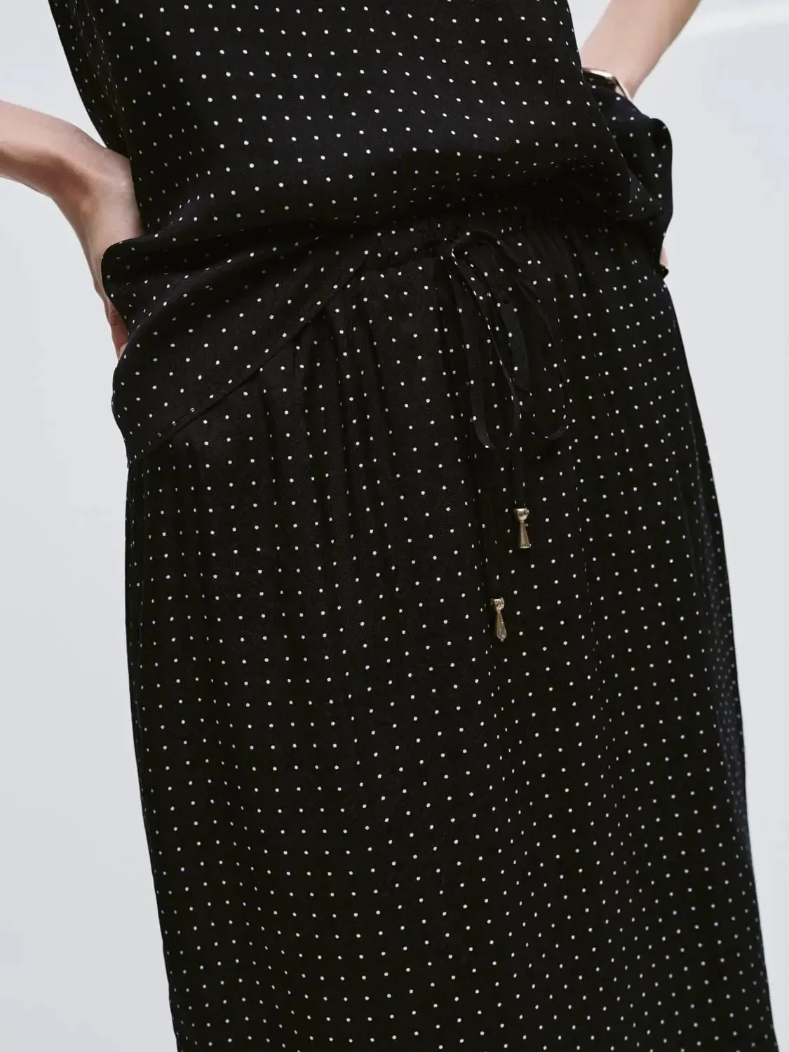 Polka-Dotted Drawstring Pull On Lace Trim Straight Midi Skirts