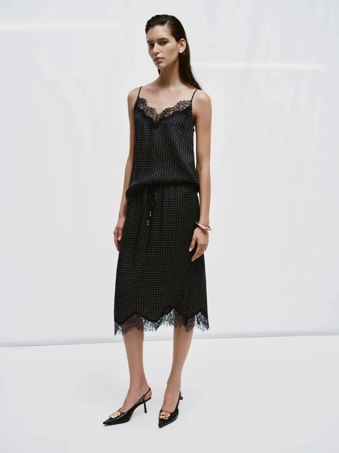Polka-Dotted Drawstring Pull On Lace Trim Straight Midi Skirts