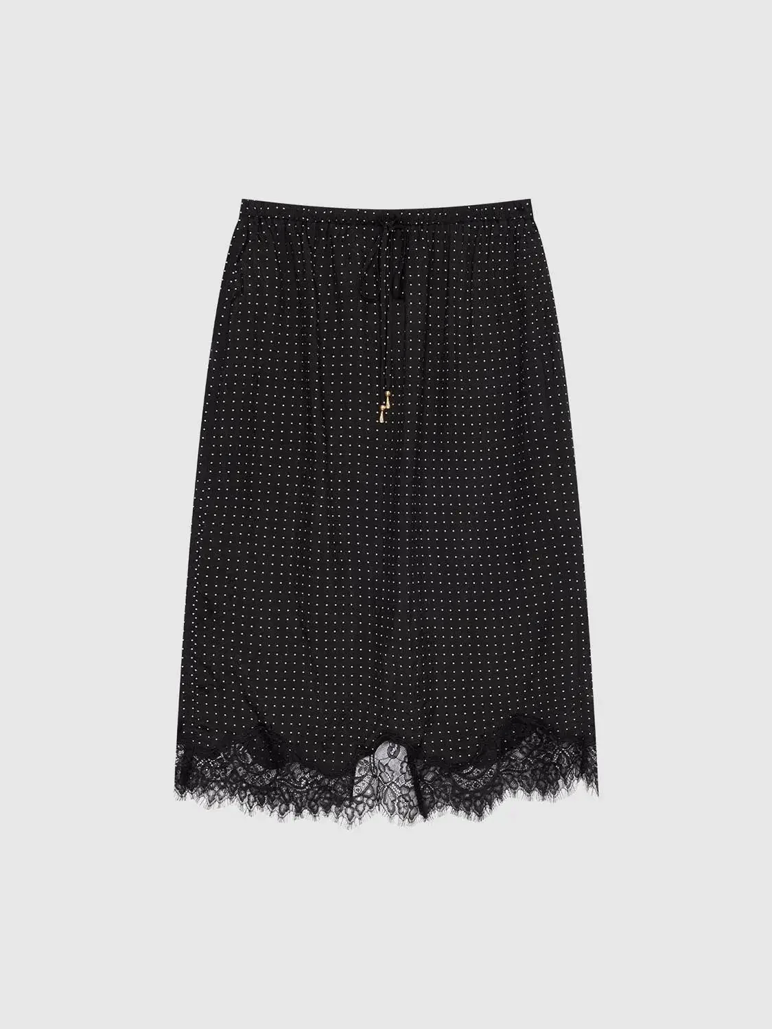 Polka-Dotted Drawstring Pull On Lace Trim Straight Midi Skirts