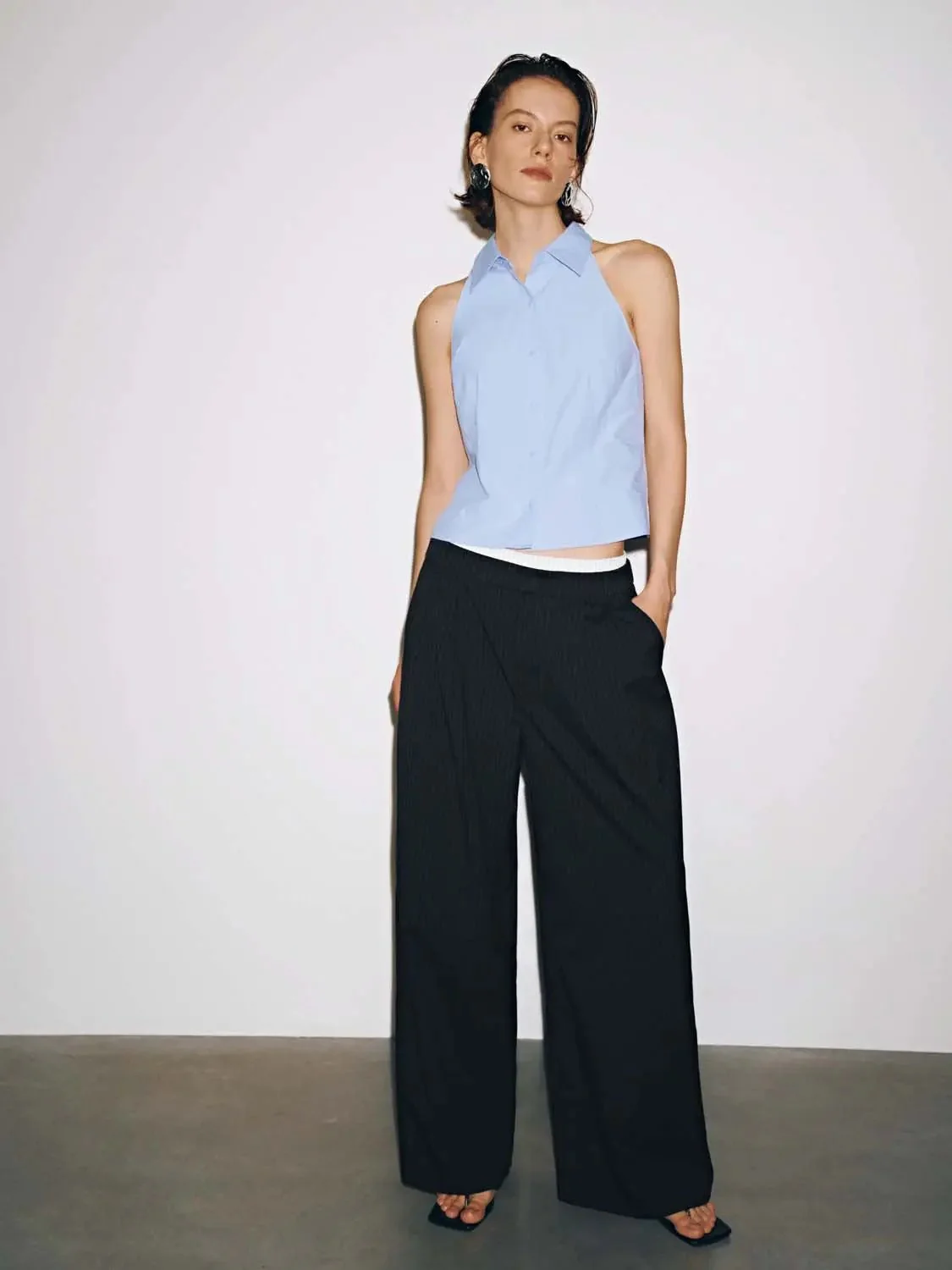 Contrast Trim Pleated Wide Leg Pants