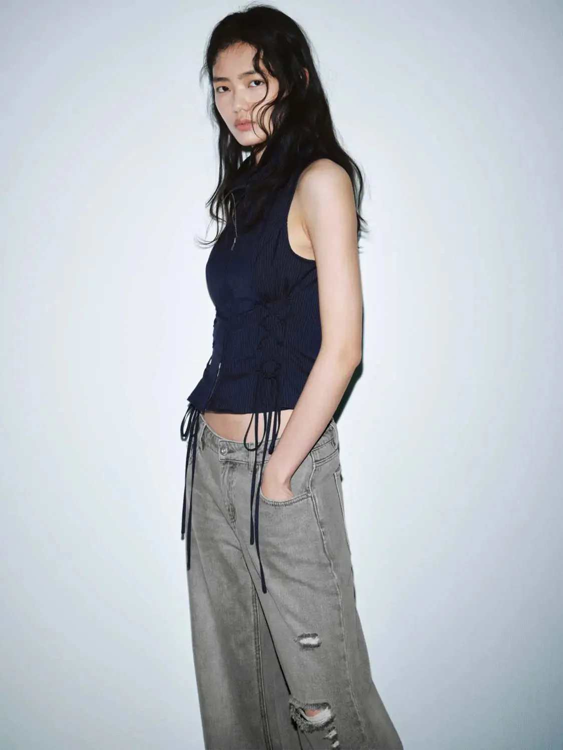 20245-lace-up-detail-sleeveless-zip-up-cropped-stretch-navy-shirt-2.webp Lace Up Detail Sleeveless Zip Up Cropped Stretch Navy Shirt