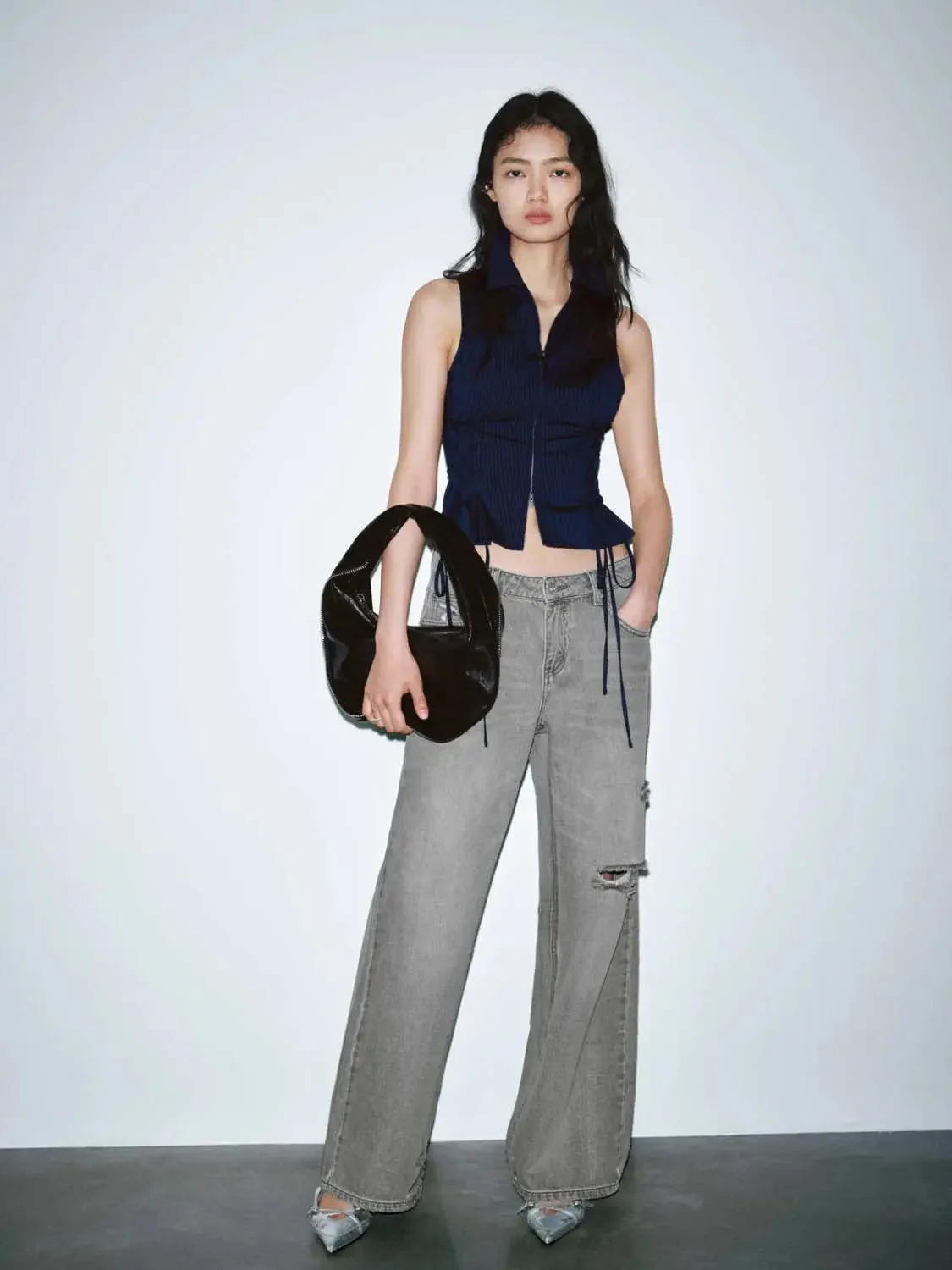 20245-lace-up-detail-sleeveless-zip-up-cropped-stretch-navy-shirt-5.webp Lace Up Detail Sleeveless Zip Up Cropped Stretch Navy Shirt