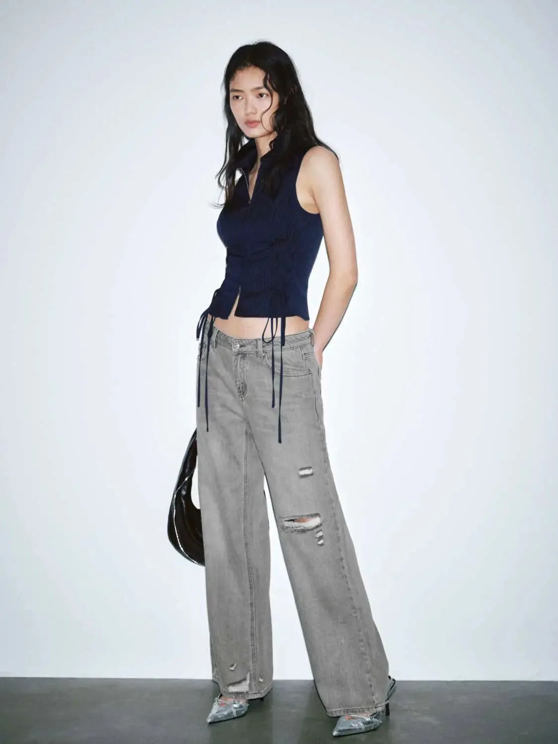 20245-lace-up-detail-sleeveless-zip-up-cropped-stretch-navy-shirt-6.webp Lace Up Detail Sleeveless Zip Up Cropped Stretch Navy Shirt