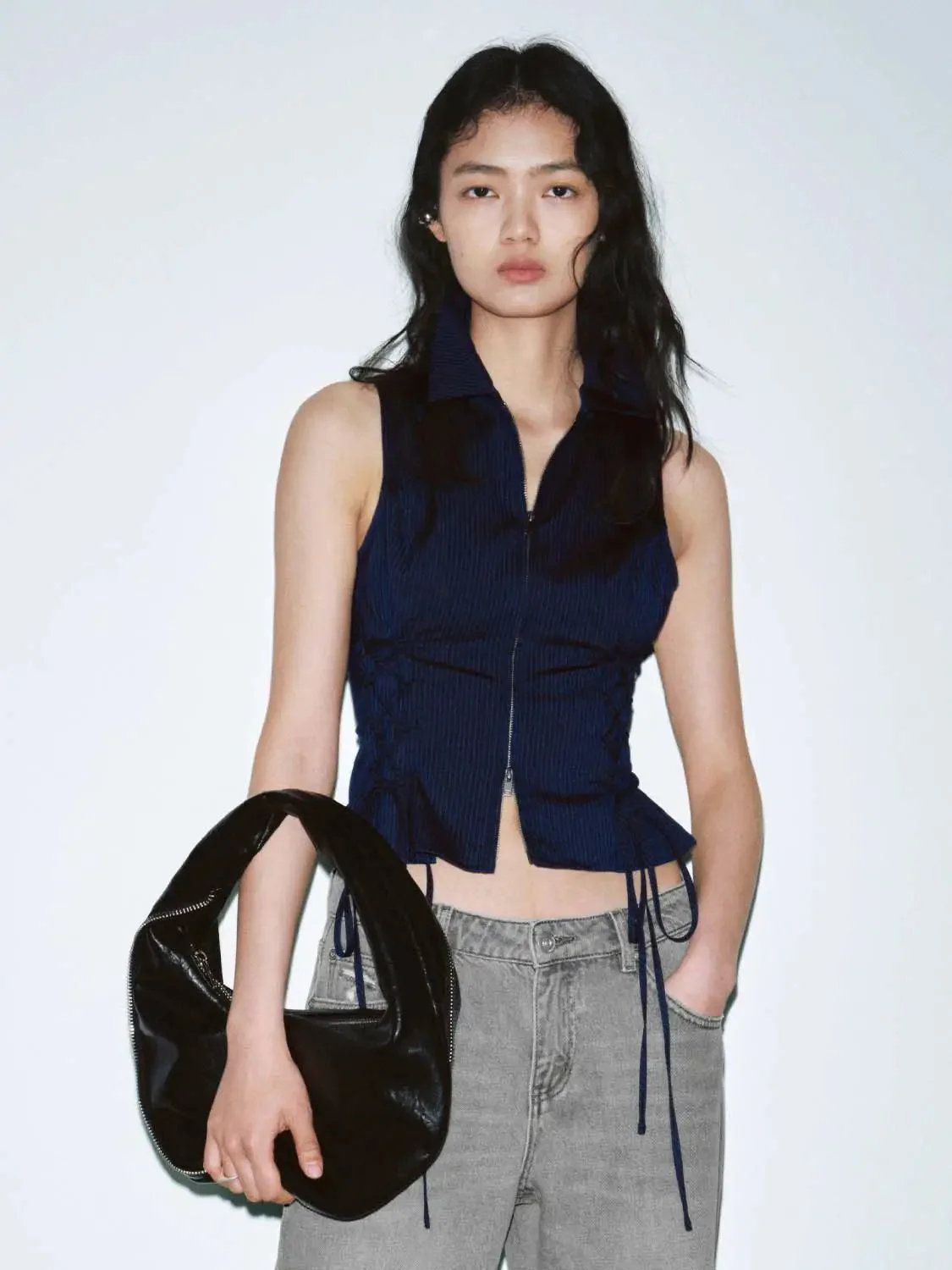 20245-lace-up-detail-sleeveless-zip-up-cropped-stretch-navy-shirt-9.webp Lace Up Detail Sleeveless Zip Up Cropped Stretch Navy Shirt
