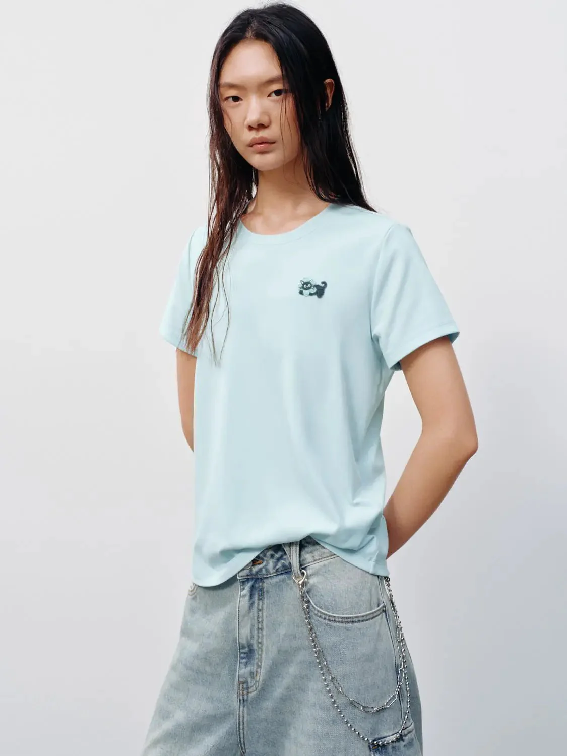 Embroidered Cotton Blend Crew Neck Logo T Shirt