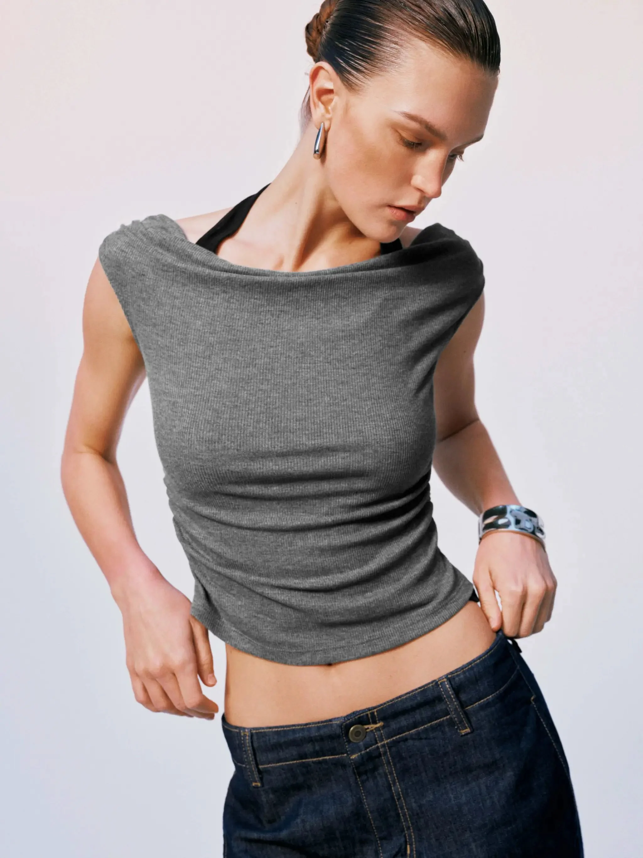 Ruched Halter Contrast Wool Blend T Shirt