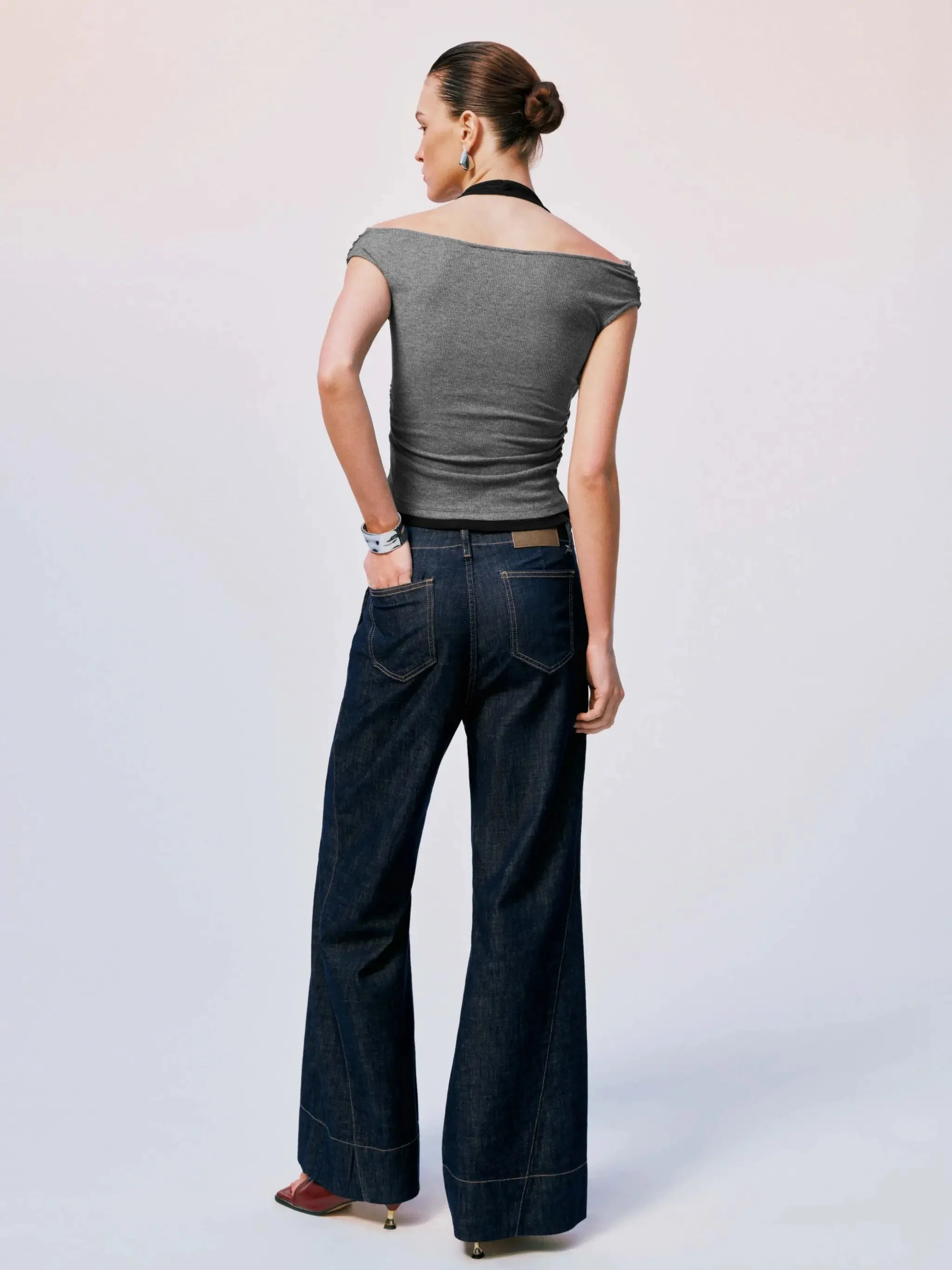 Ruched Halter Contrast Wool Blend T Shirt