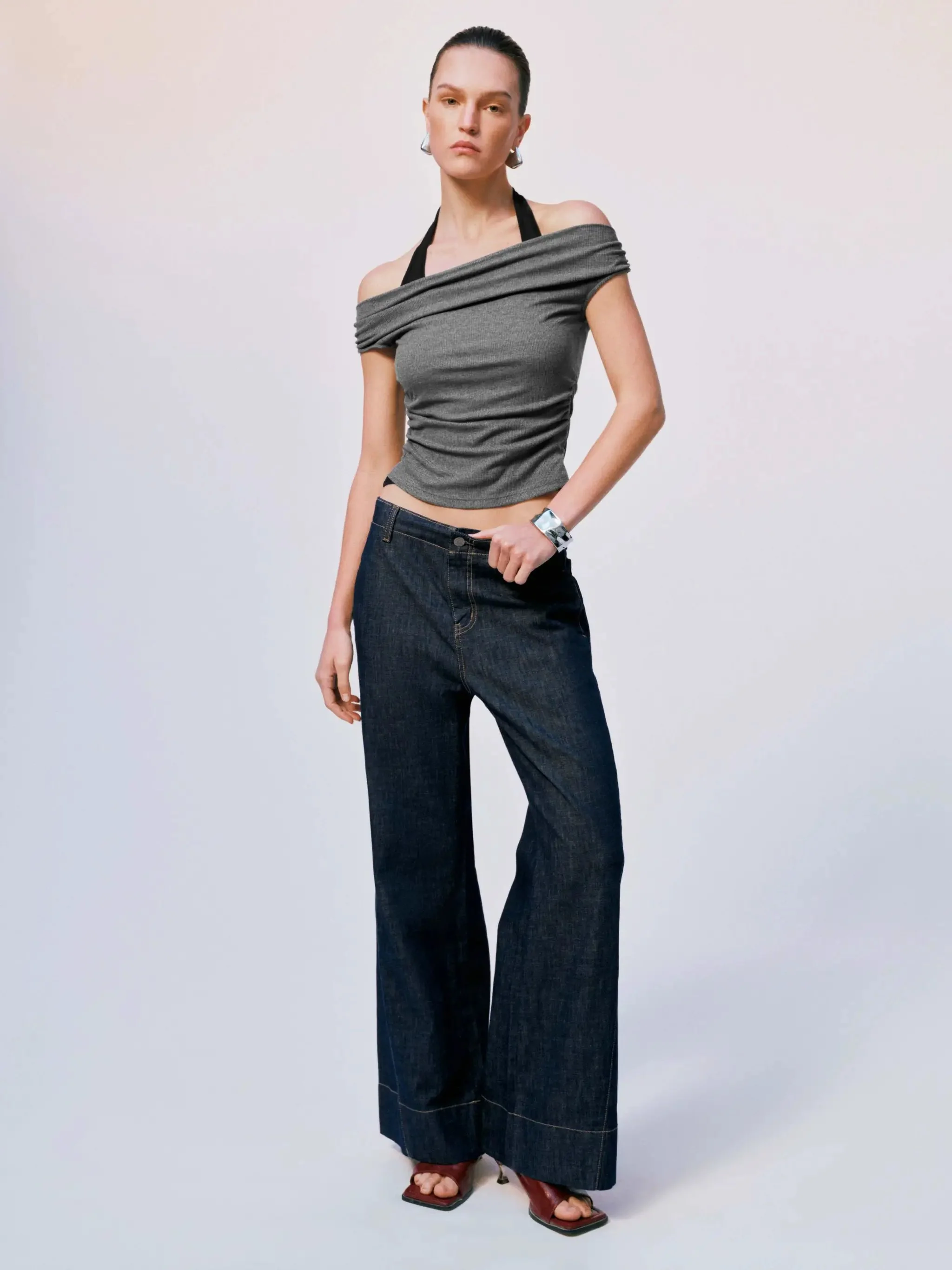 Ruched Halter Contrast Wool Blend T Shirt