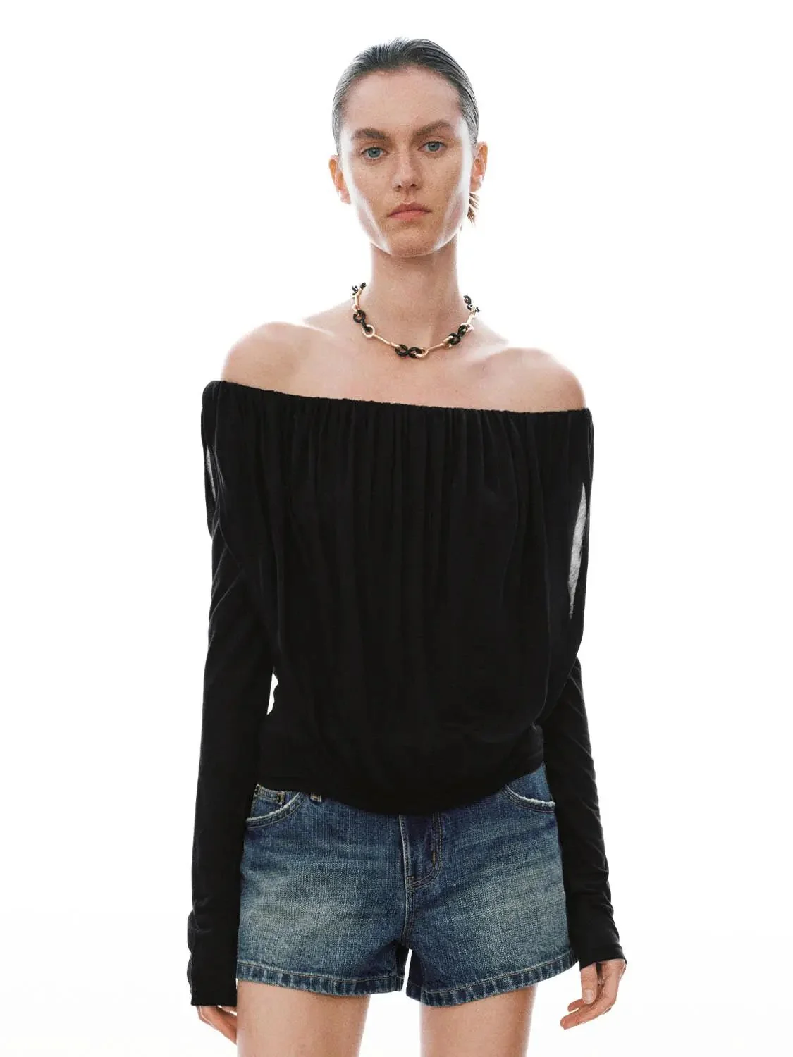 Lyocell Off-Shoulder Ruched Long-Sleeve Top