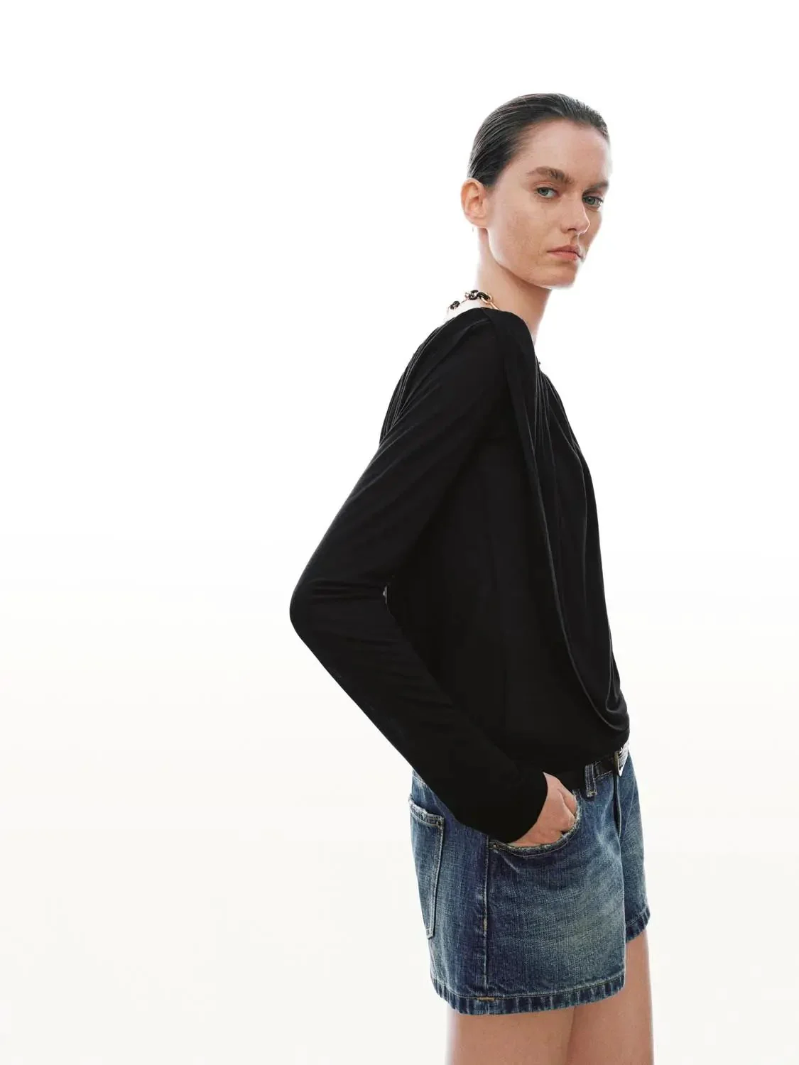 Lyocell Off-Shoulder Ruched Long-Sleeve Top