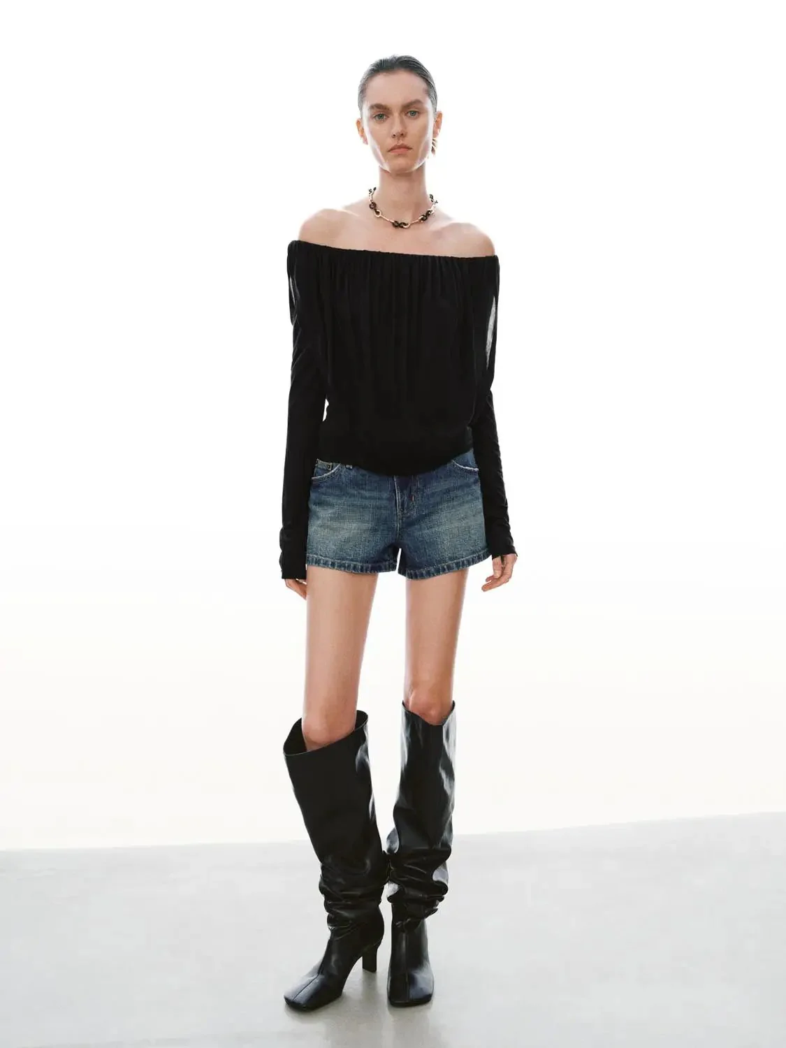 Lyocell Off-Shoulder Ruched Long-Sleeve Top