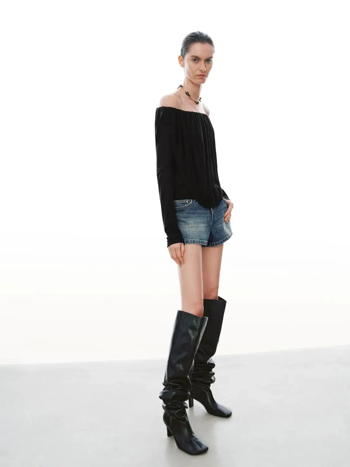Lyocell Off-Shoulder Ruched Long-Sleeve Top