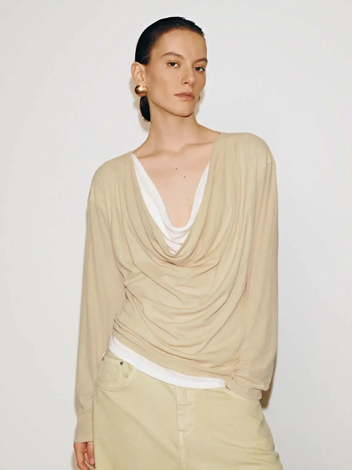 Cowl Neck Ruched Long Sleeve Cotton T-Shirts
