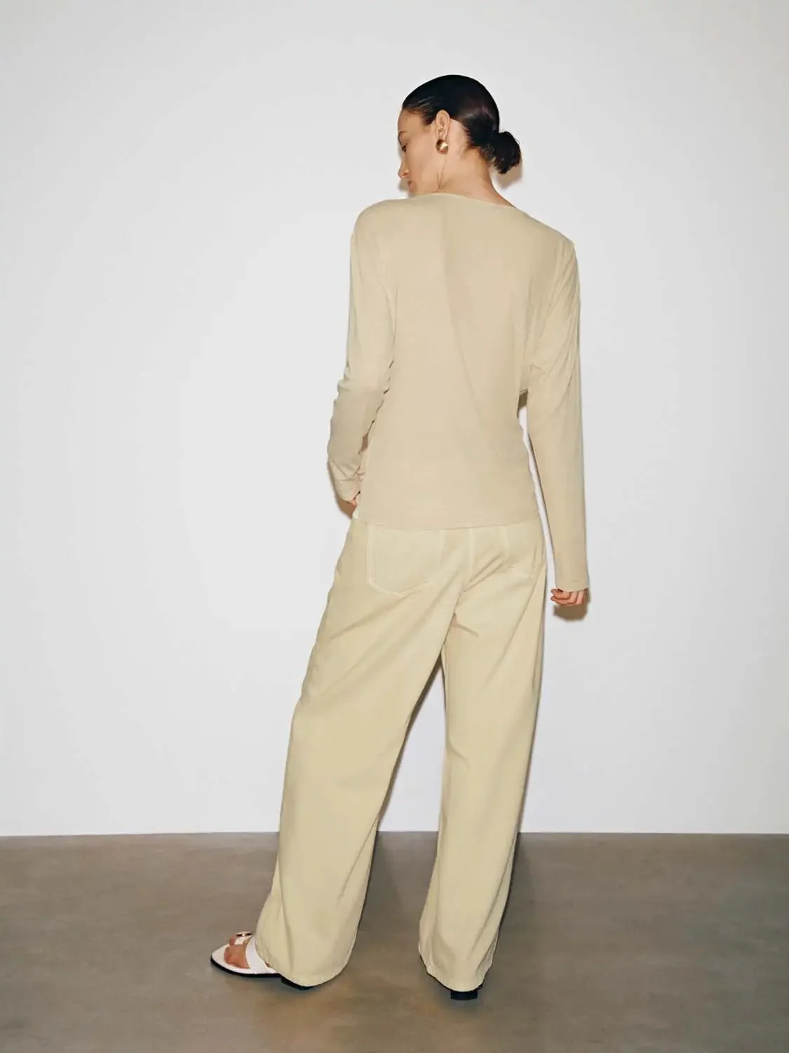 Cowl Neck Ruched Long Sleeve Cotton T-Shirts