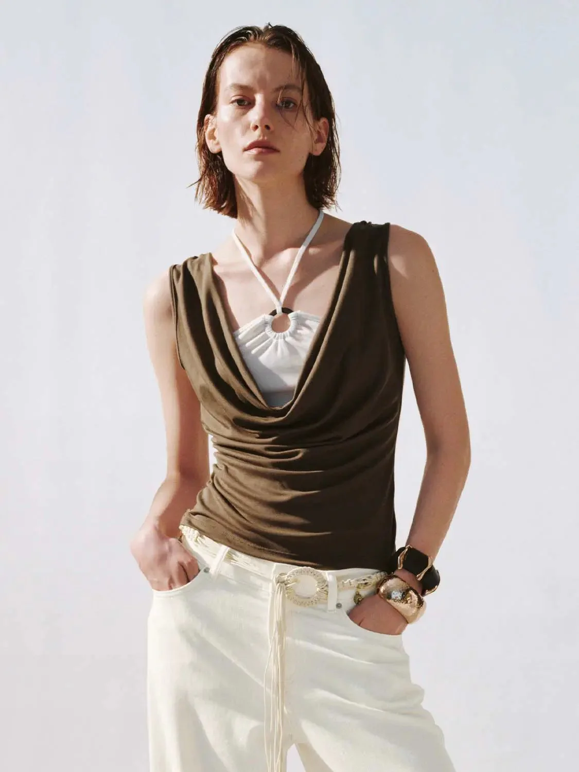 20605-lyocell-blend-contrast-cowl-neck-ruched-t-shirts-2.webp Lyocell Blend Contrast Cowl Neck Ruched T Shirts
