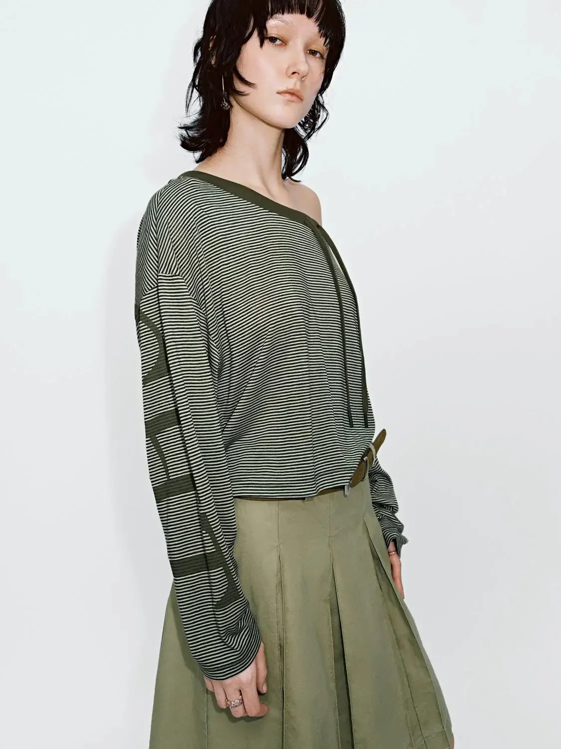 Lyocell Blend Drawstring Striped Long Sleeve T Shirt