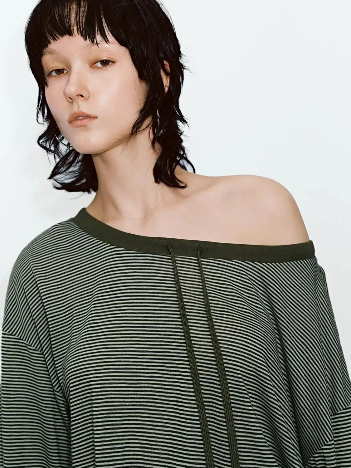 Lyocell Blend Drawstring Striped Long Sleeve T Shirt