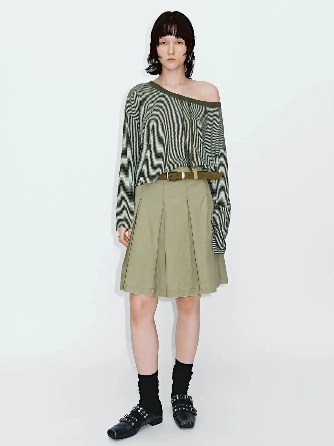Lyocell Blend Drawstring Striped Long Sleeve T Shirt
