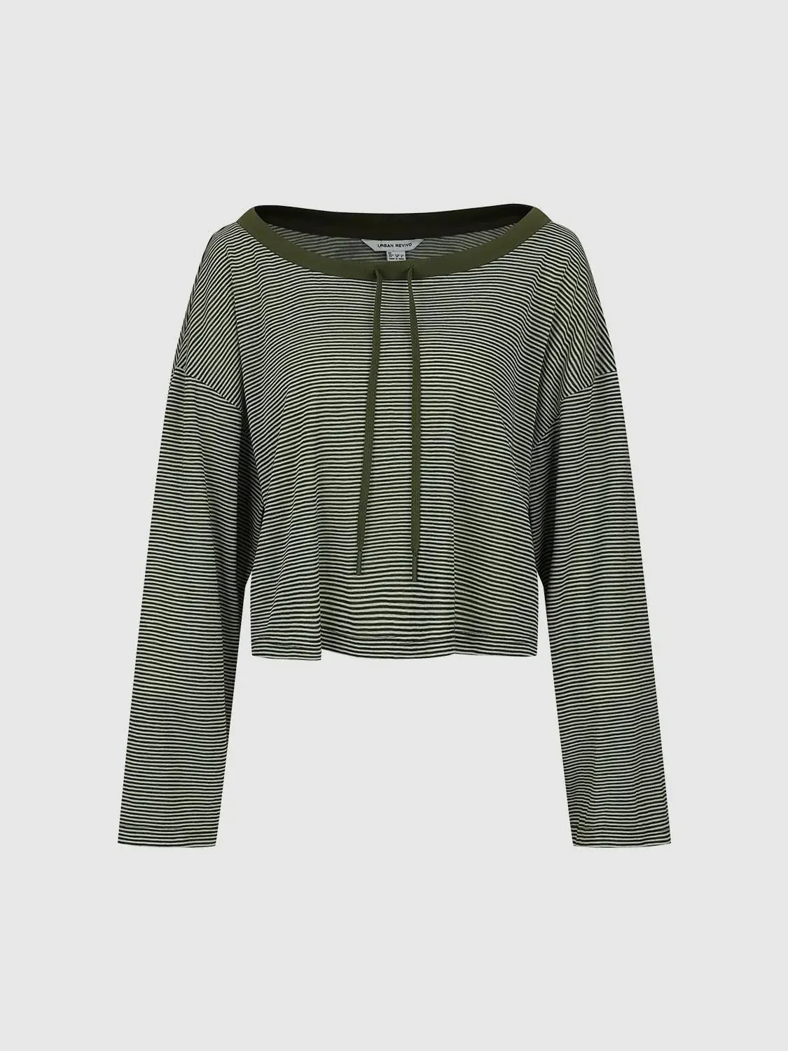 Lyocell Blend Drawstring Striped Long Sleeve T Shirt