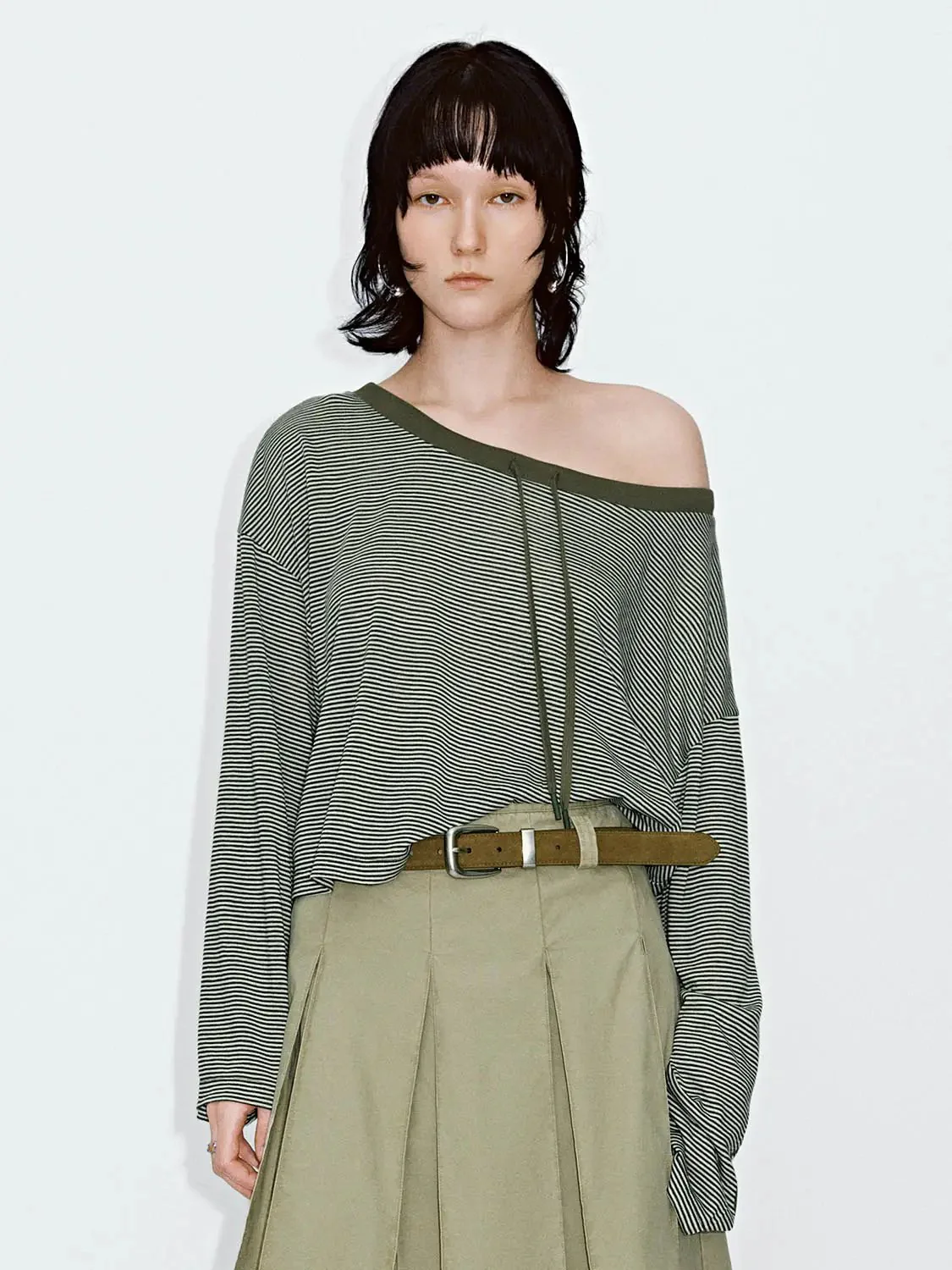 Lyocell Blend Drawstring Striped Long Sleeve T Shirt