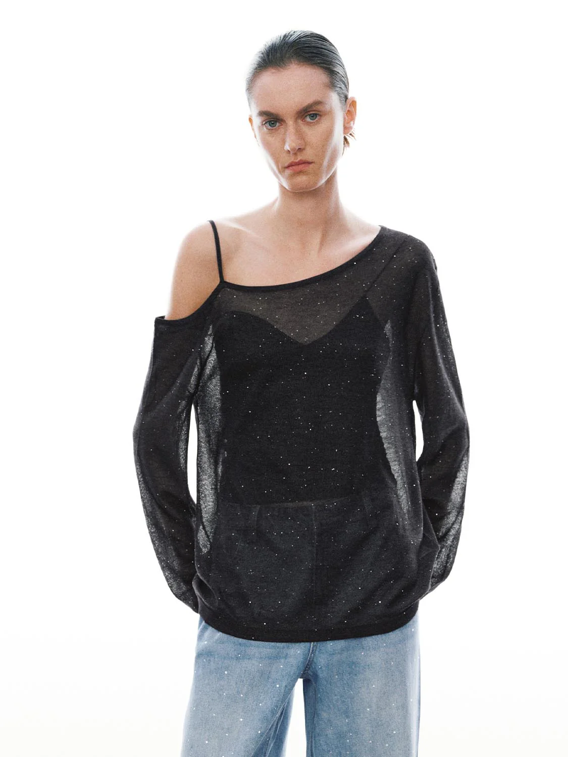 20865-one-shoulder-long-sleeve-knitted-t-shirts-1.webp One Shoulder Long Sleeve Knitted T-Shirts