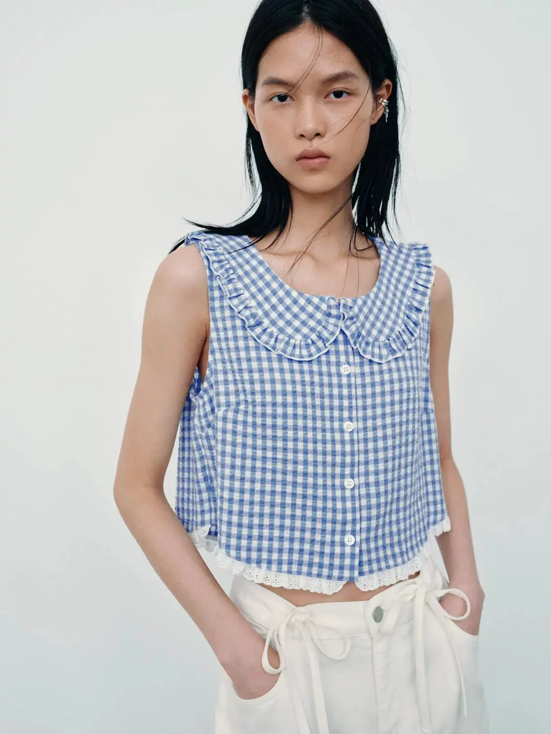 20907-contrast-check-ruffle-trim-sleeveless-shirts-2.webp Contrast Check Ruffle Trim Sleeveless Shirts