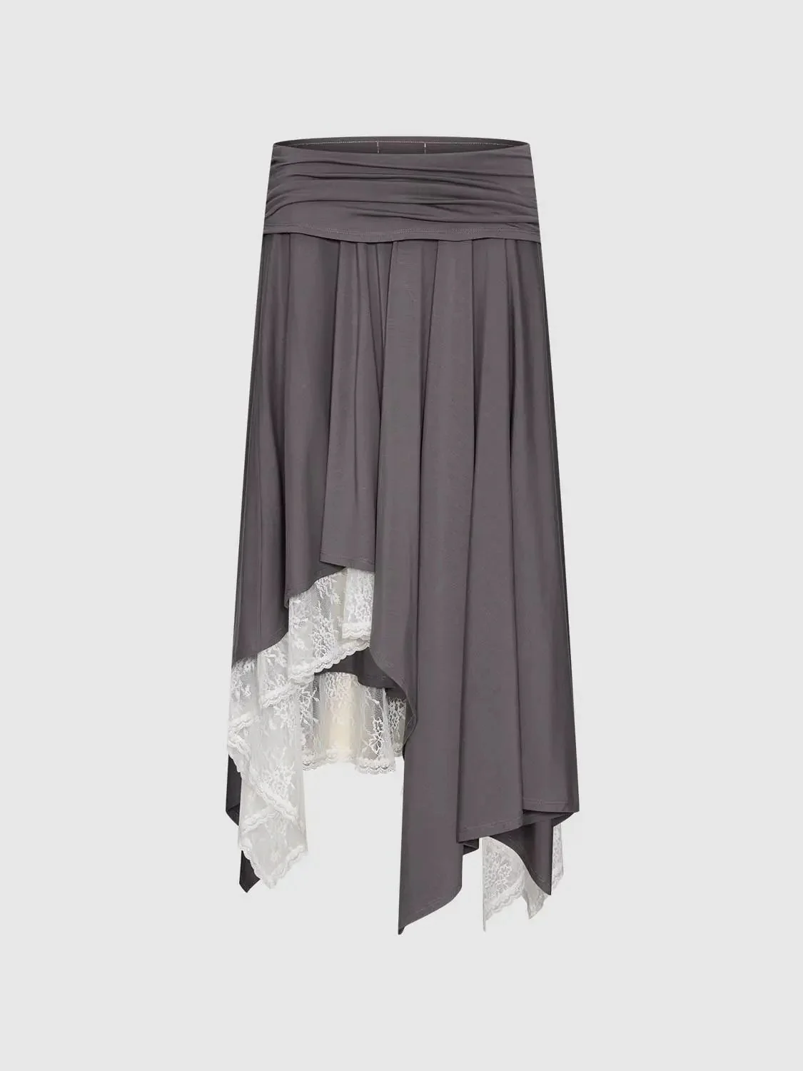 Lace Trim Asymmetric Pleated A-Line Midi Skirts