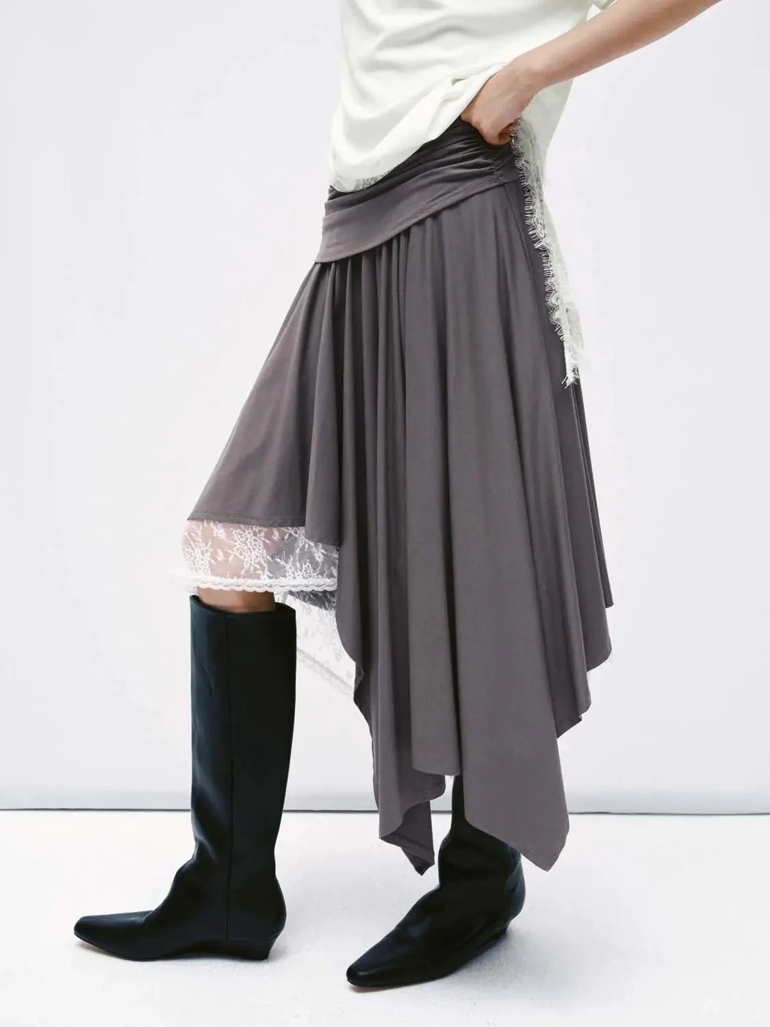 Lace Trim Asymmetric Pleated A-Line Midi Skirts