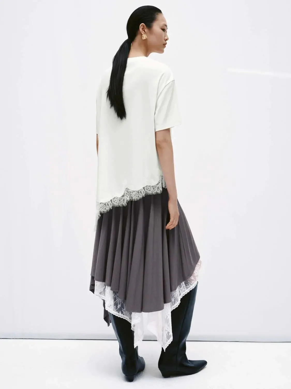 Lace Trim Asymmetric Pleated A-Line Midi Skirts