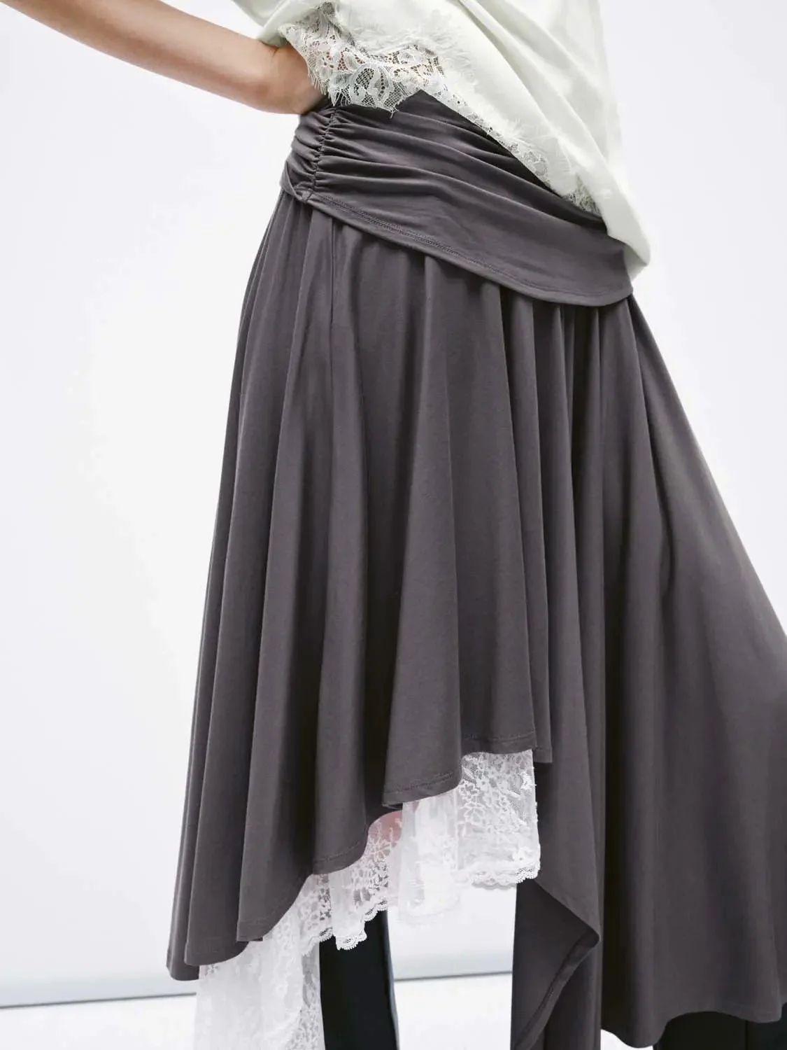 Lace Trim Asymmetric Pleated A-Line Midi Skirts
