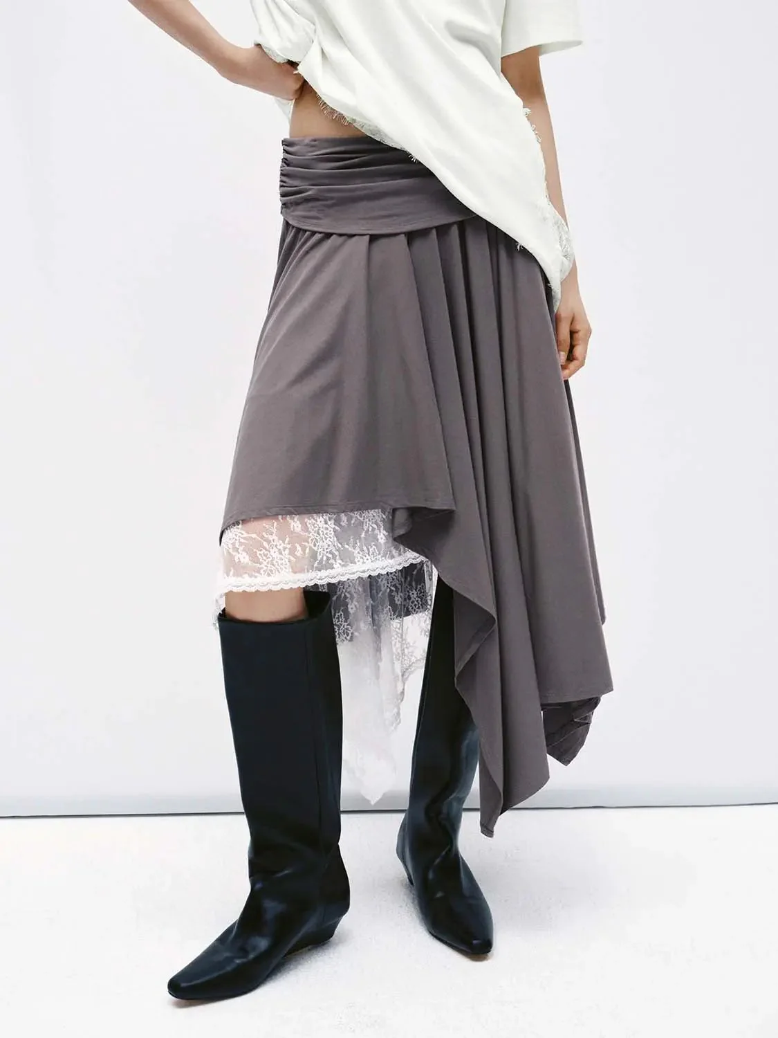 Lace Trim Asymmetric Pleated A-Line Midi Skirts