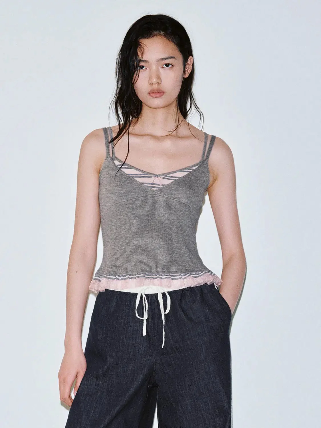 Grey Knit Tank With Ruffle Trim Pink Hem Top