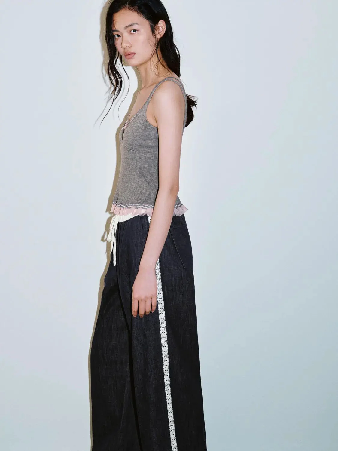 Grey Knit Tank With Ruffle Trim Pink Hem Top