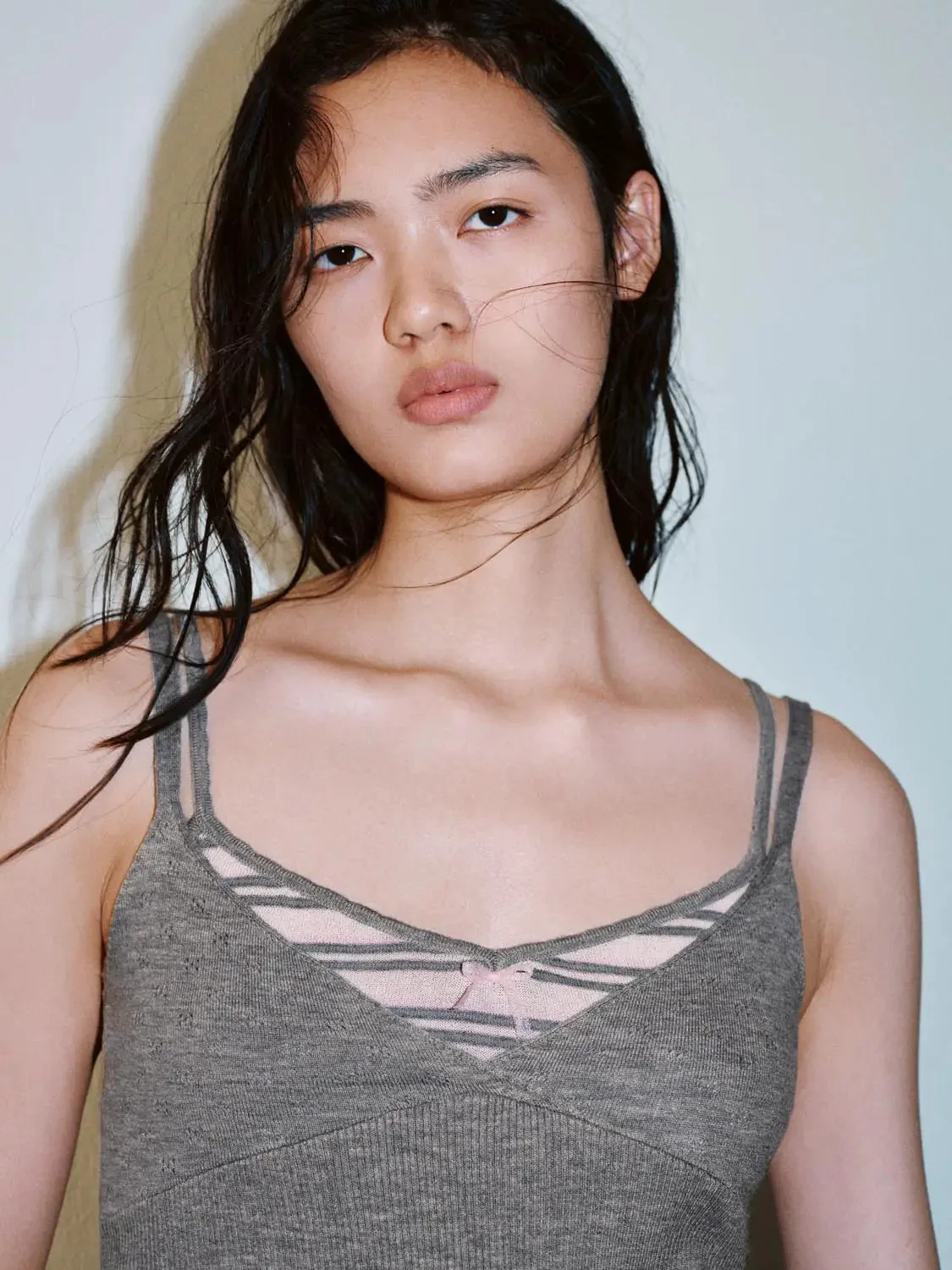 Grey Knit Tank With Ruffle Trim Pink Hem Top