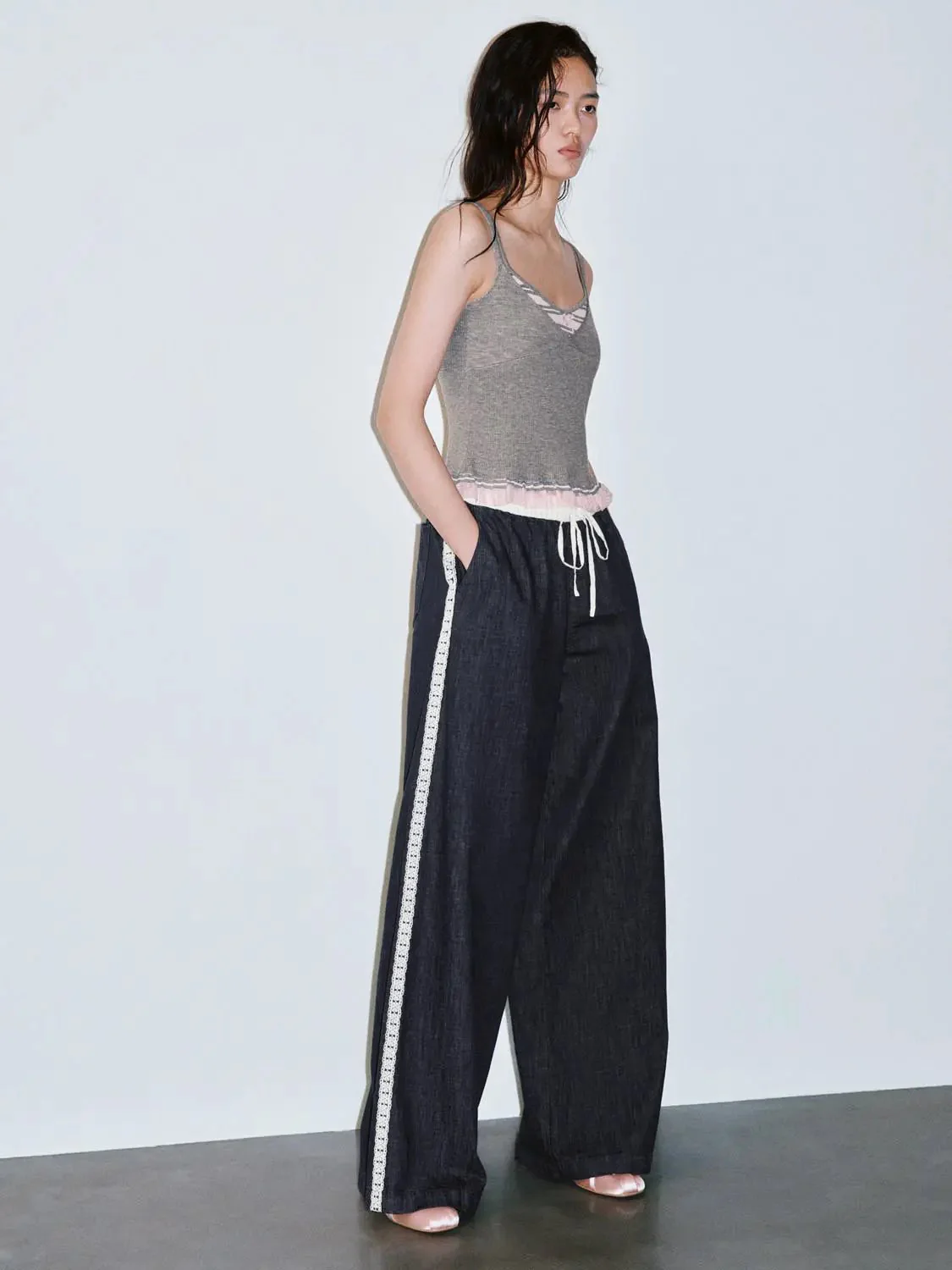 Grey Knit Tank With Ruffle Trim Pink Hem Top