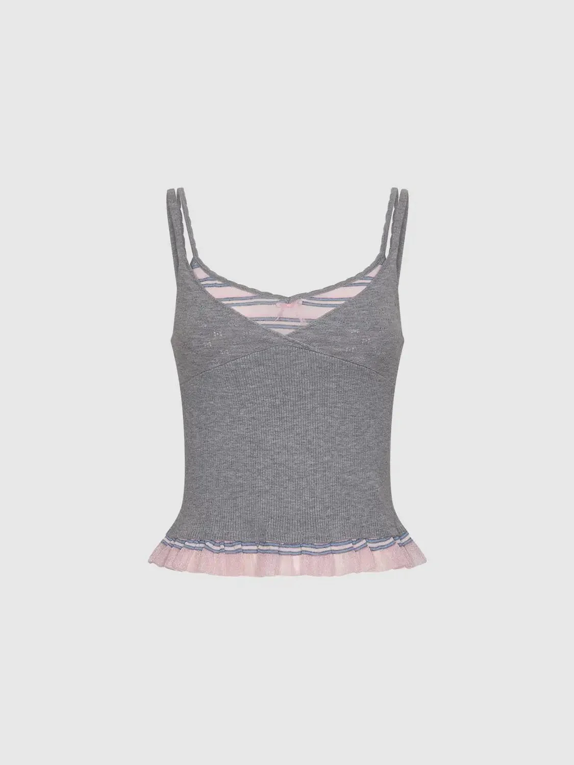 Grey Knit Tank With Ruffle Trim Pink Hem Top
