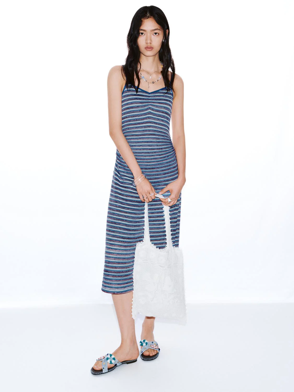 Cotton Blend Strappy Striped Midi Dresses