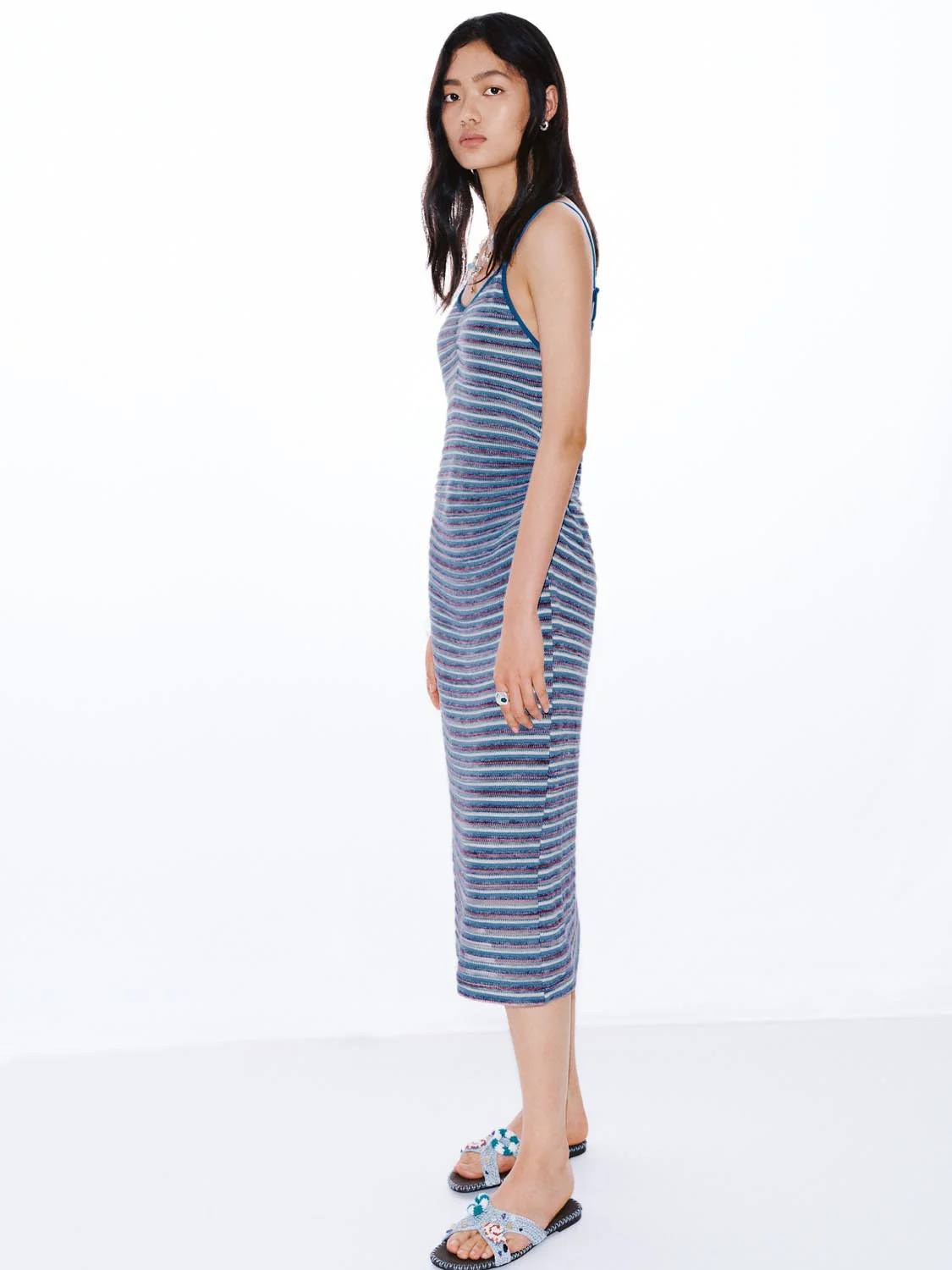 Cotton Blend Strappy Striped Midi Dresses