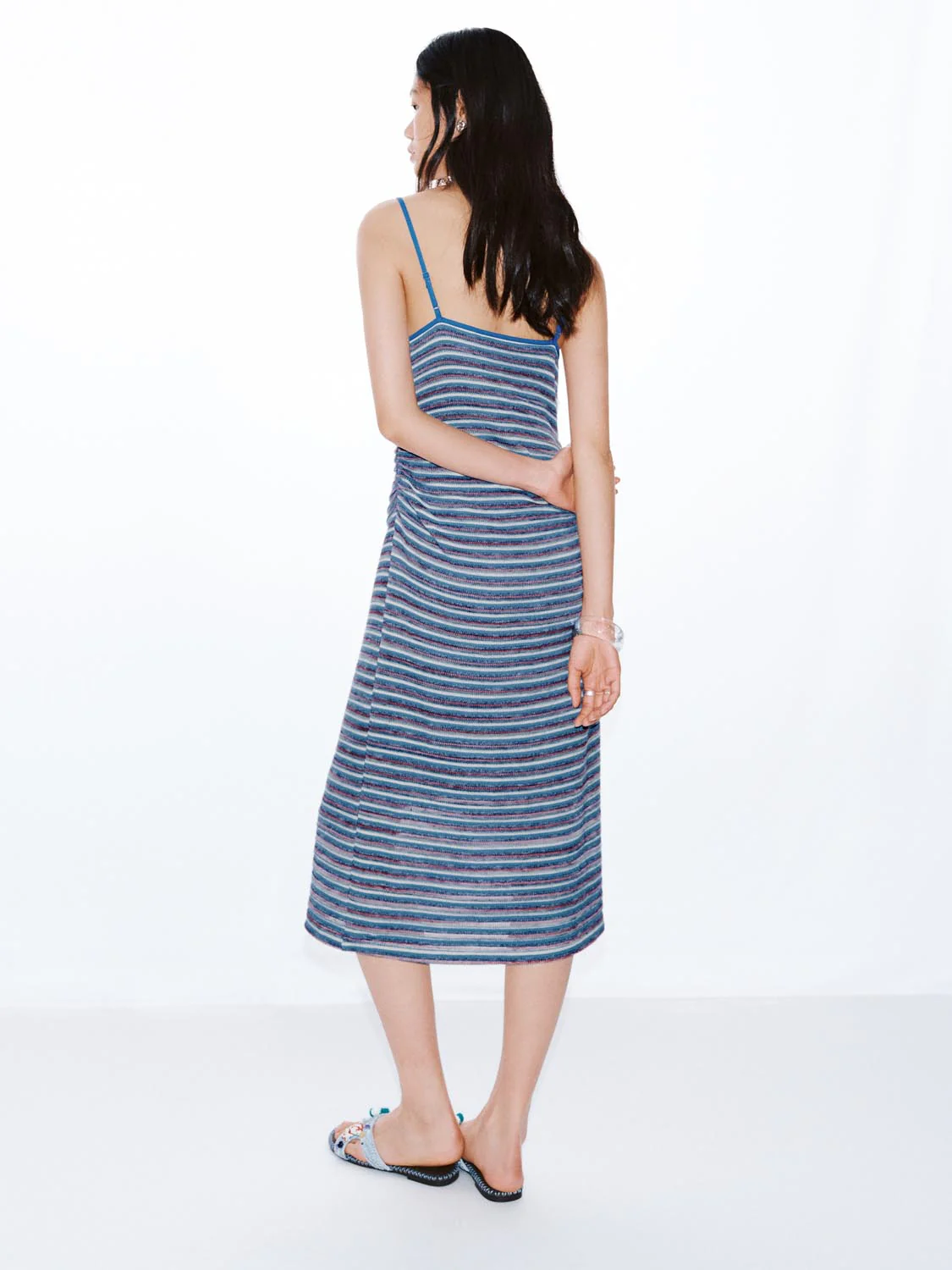 Cotton Blend Strappy Striped Midi Dresses