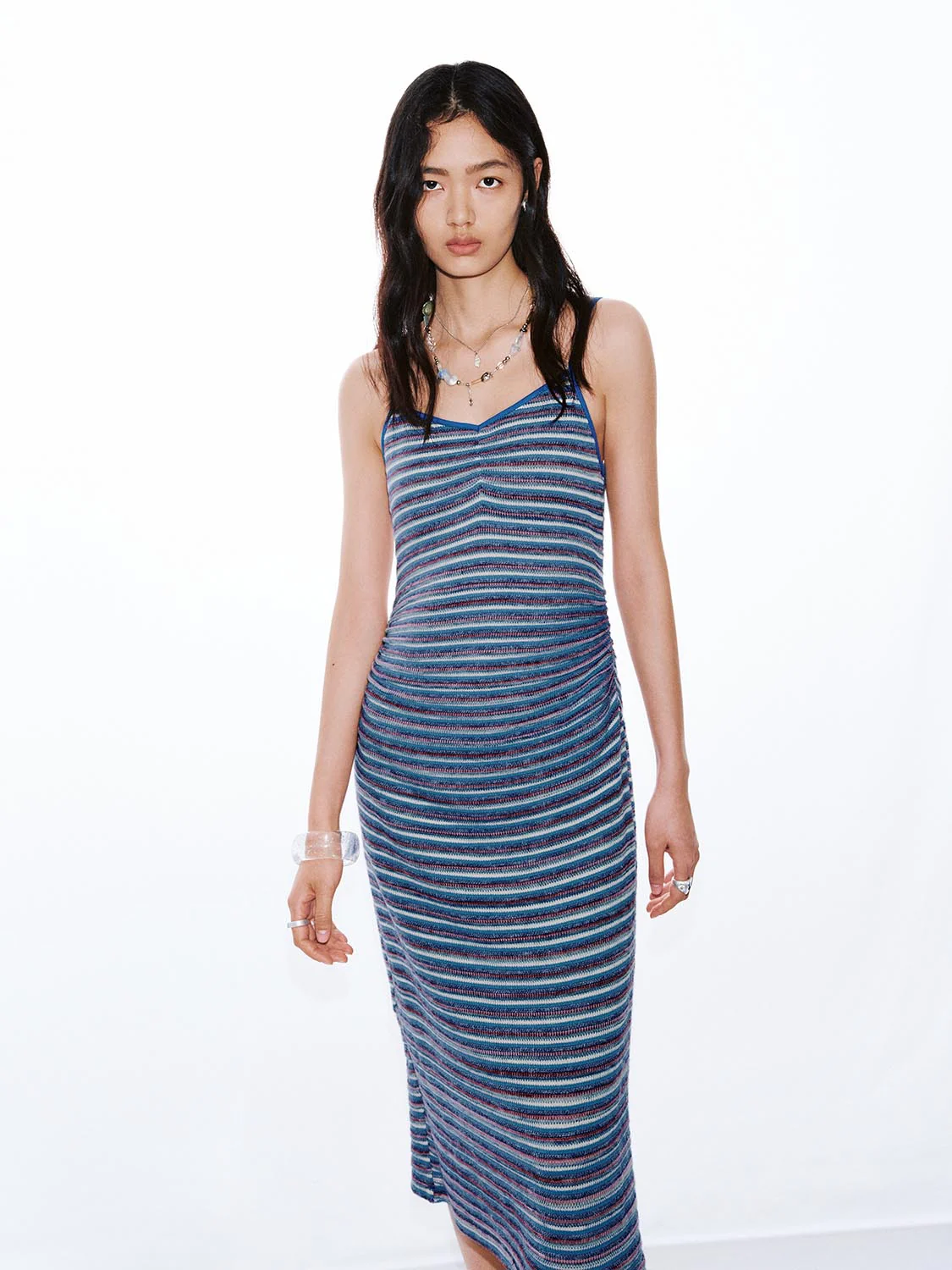 Cotton Blend Strappy Striped Midi Dresses
