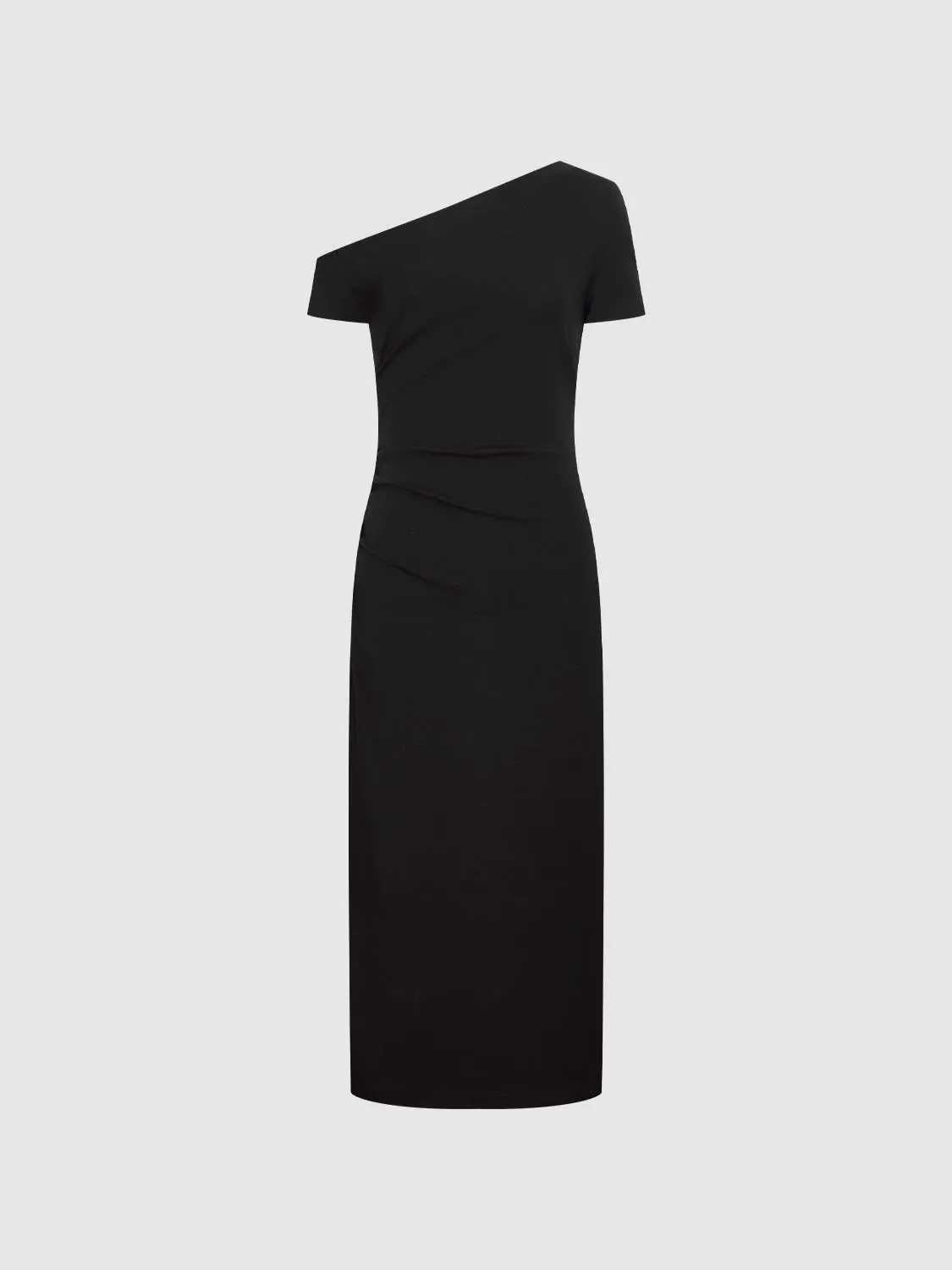 21160-cotton-stretch-one-shoulder-short-sleeve-ruched-midi-dress-7.webp Cotton Stretch One Shoulder Short Sleeve Ruched Midi Dress