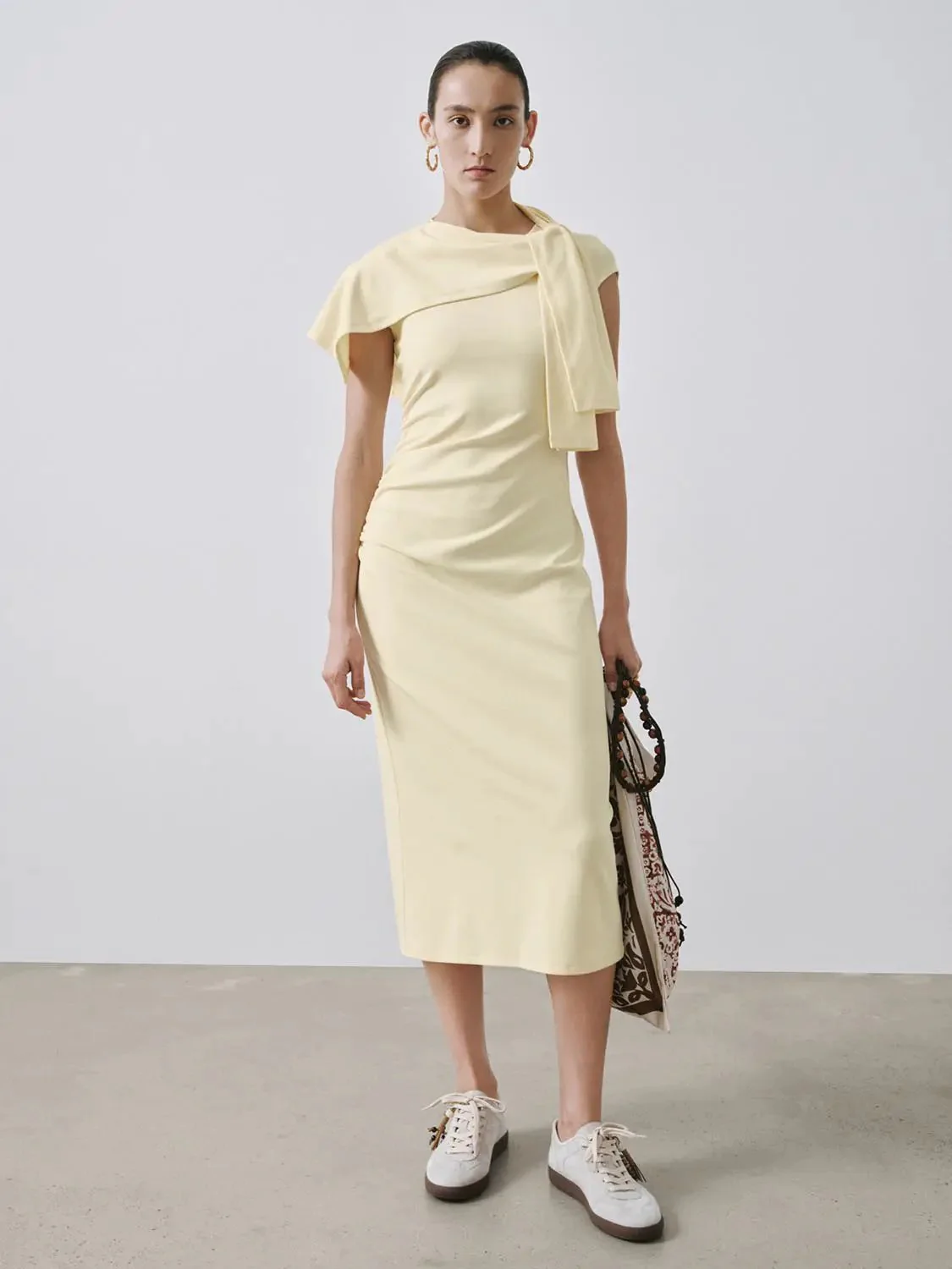 21172-cotton-blend-ruched-shawl-detail-midi-dresses-1.webp Cotton Blend Ruched Shawl Detail Midi Dresses